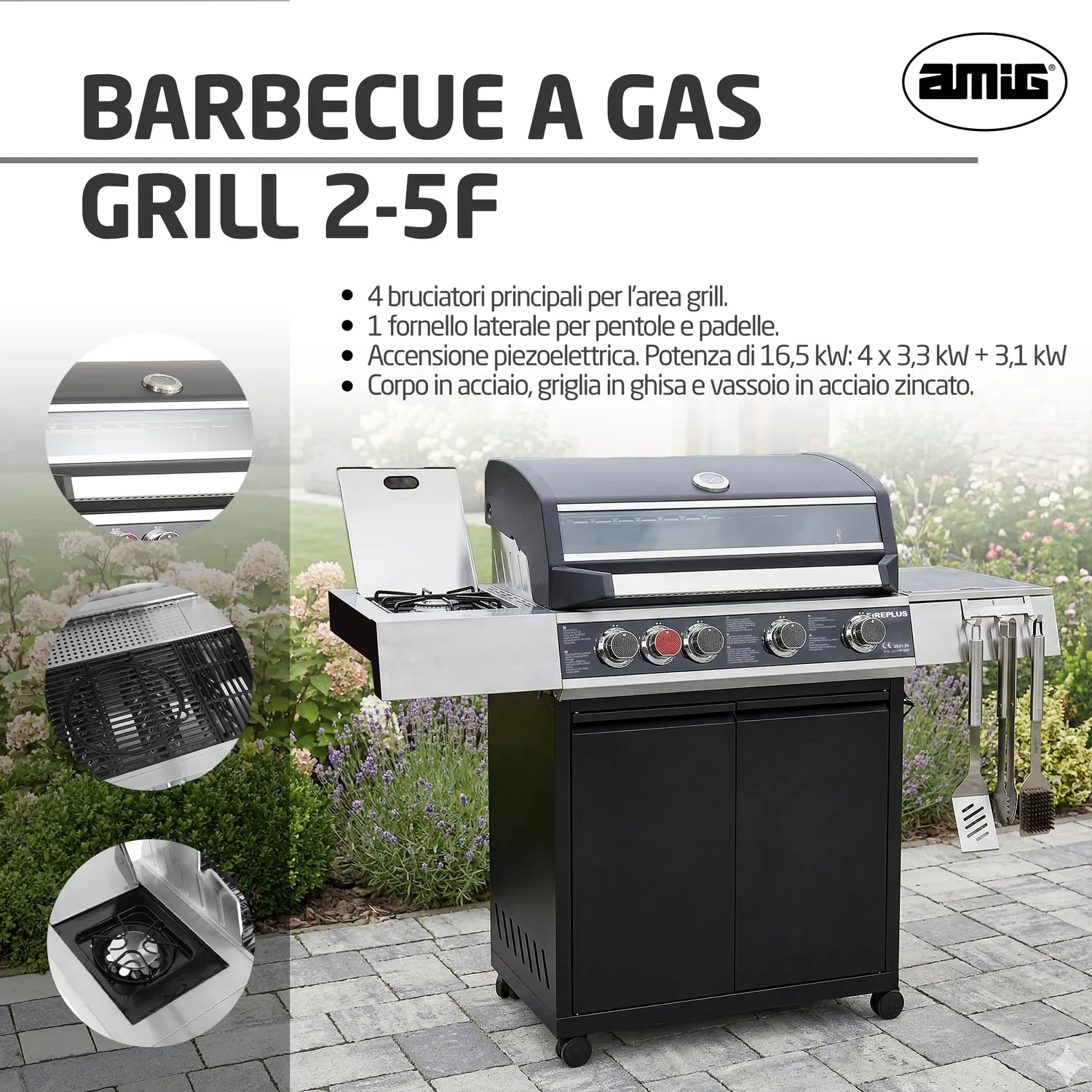 Amig Fireplus GRILL-2 5F Barbecue Gas XXL Nero Ghisa