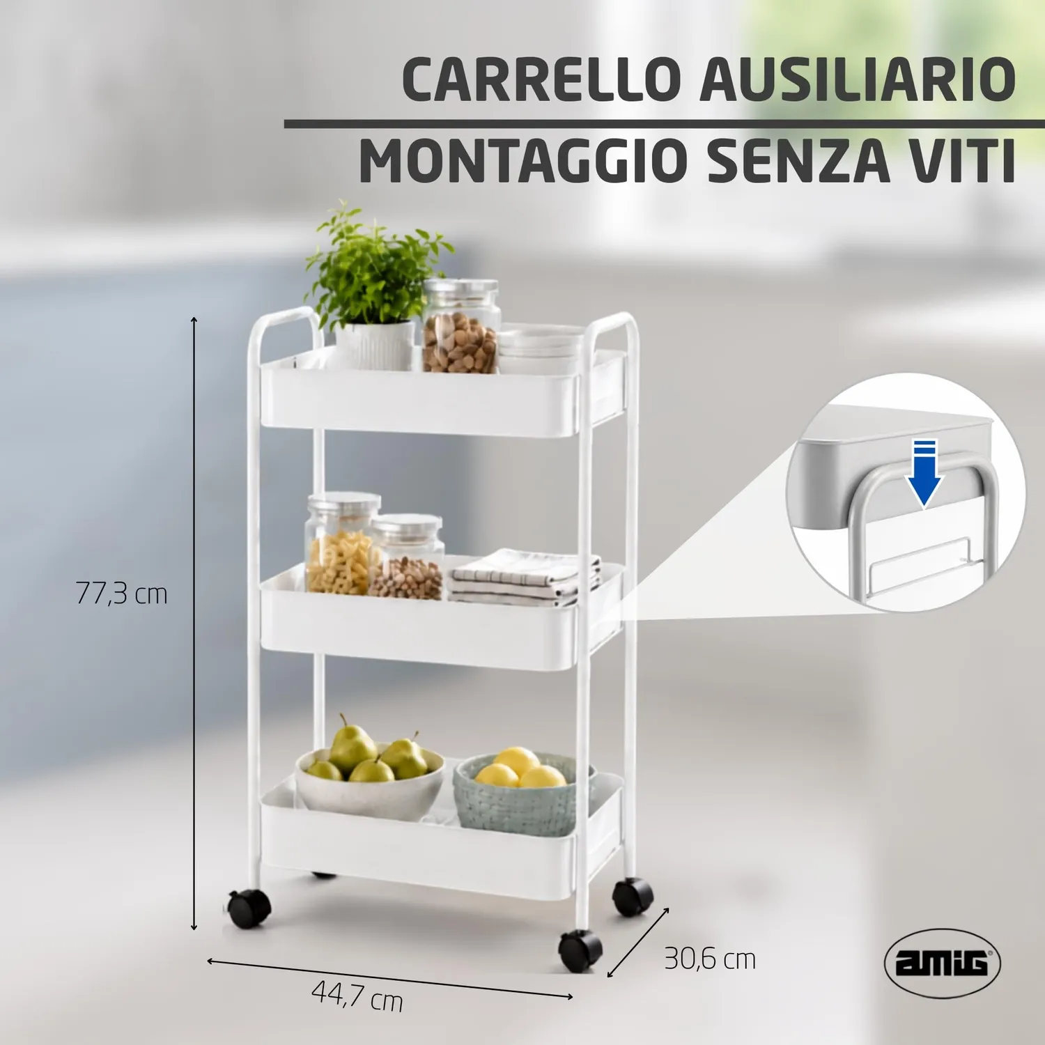Amig Klipsa carrello cucina bianco 3 ripiani
