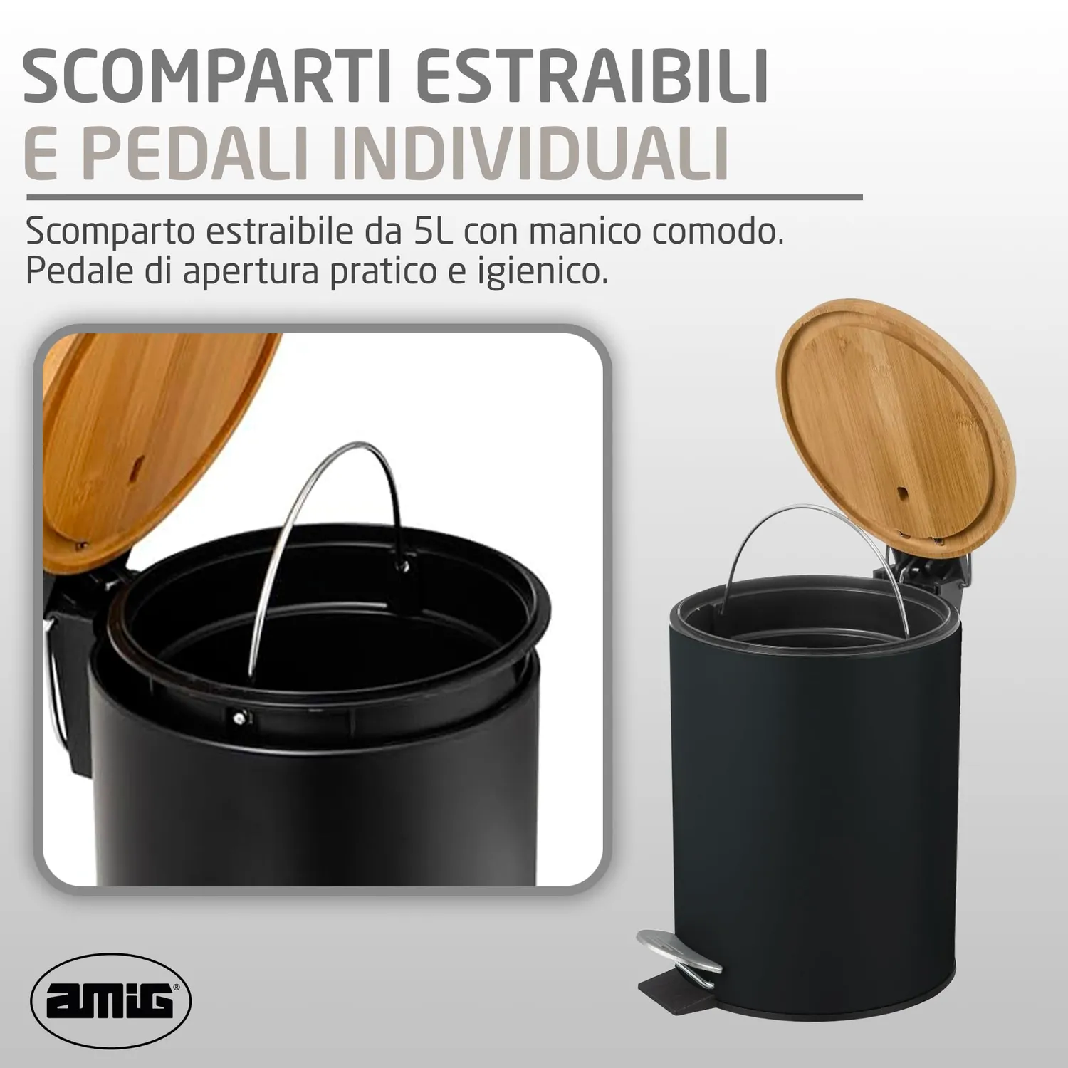 Amig Naturline Pattumiera Bagno 5 L Nera Pedale Bambu