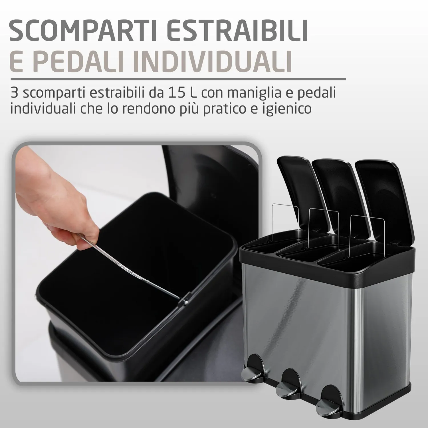 Amig RECIK3-3 pattumiera tripla 45L argento inox
