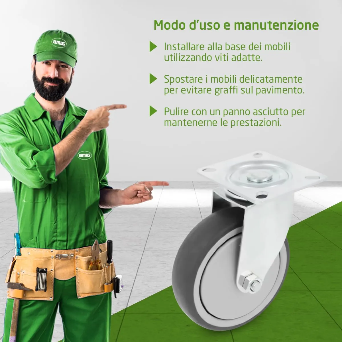 Amig Set 4 Rotelle 100mm Gomma Grigia 110Kg Piastra