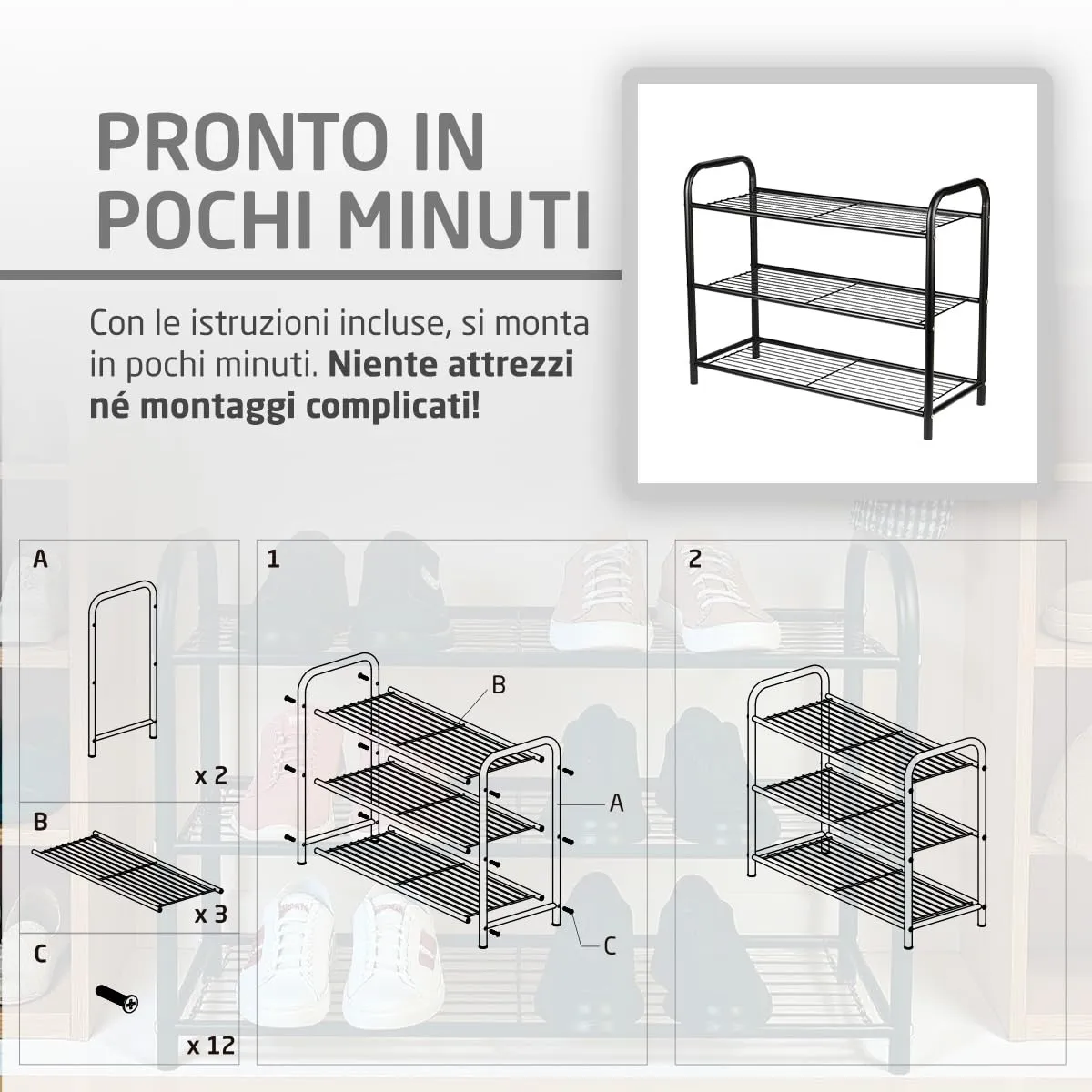Amig scarpiera metallo 3 ripiani 9 paia 65x25 cm nera