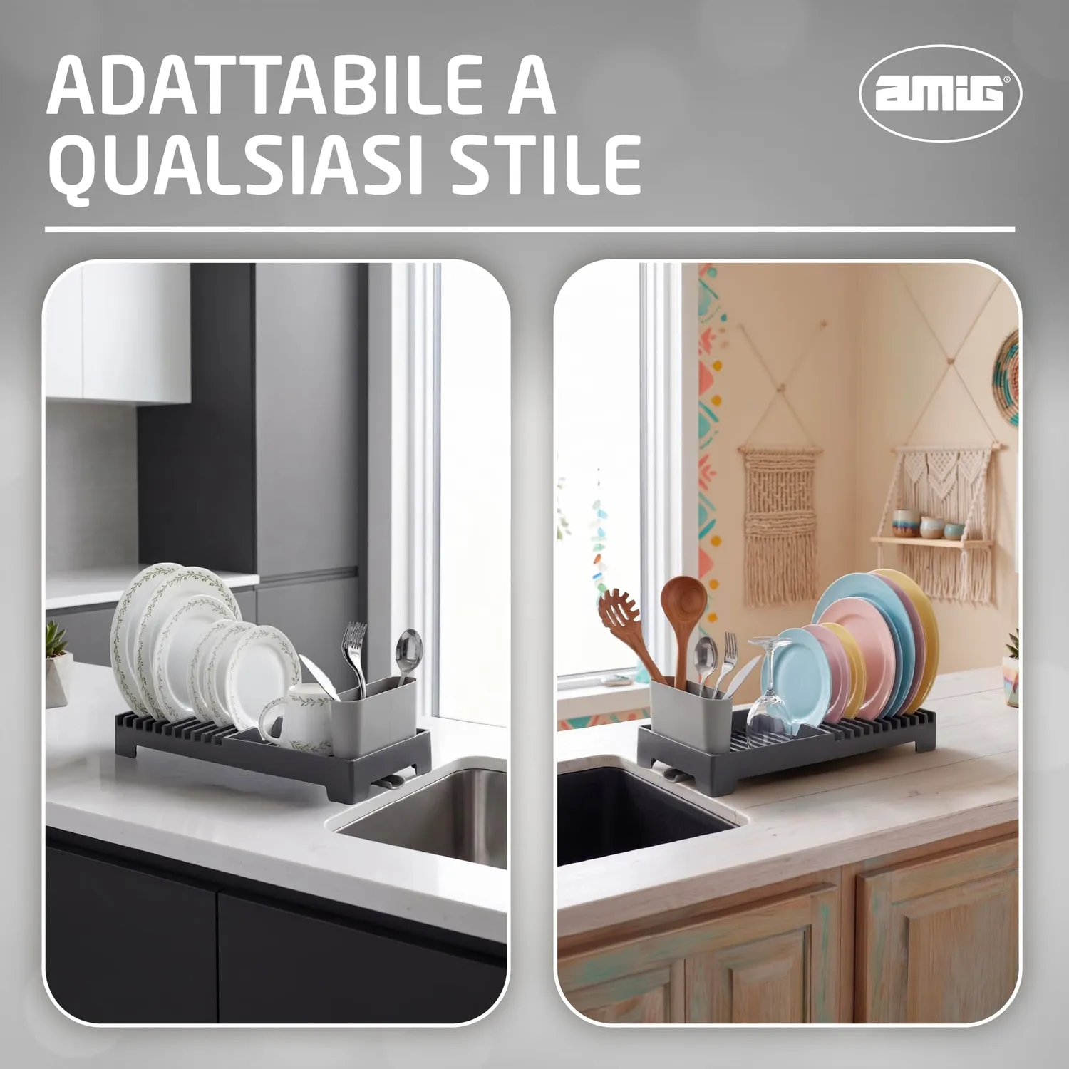 Amig Easy scolapiatti con scarico grigio 46 cm