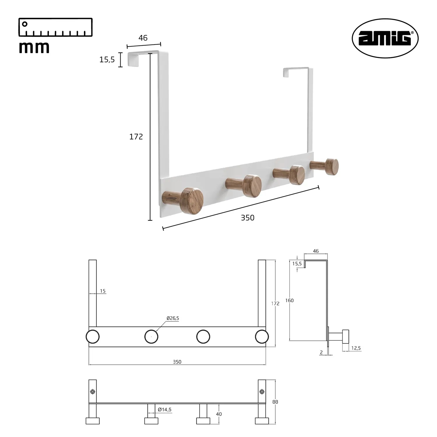 Amig CP43 appendiabiti per porta bianco 2 pezzi acciaio legno