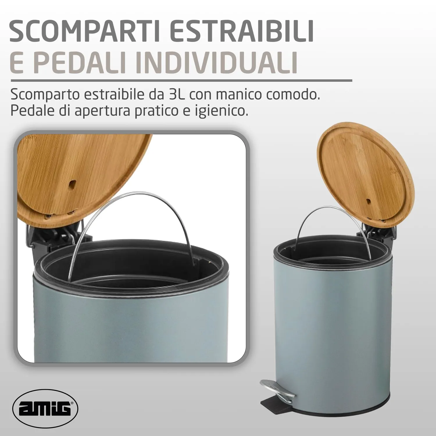 Amig Naturline pattumiera bagno 3 litri grigia con bambù