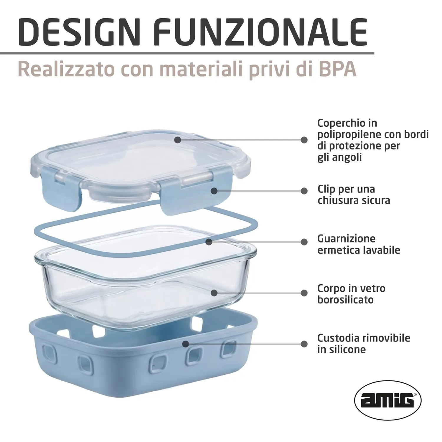 Amig 800 Set 3 Contenitori Vetro Ermetici 370-1050 ml