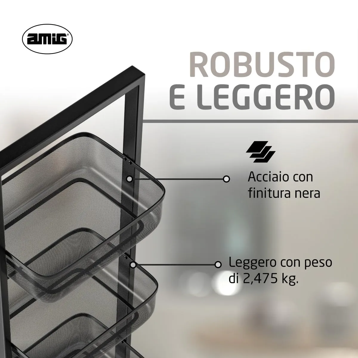 Amig carrello cucina 4 cesti 27,6x18x89,2 cm acciaio nero