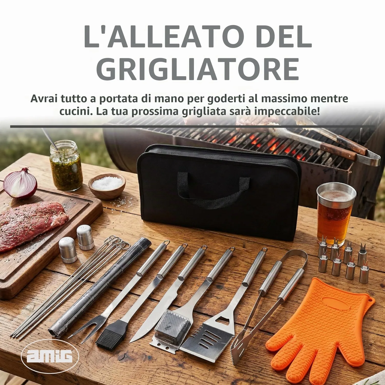 Amig AM18 Kit 28 Accessori Barbecue Inox in Valigetta