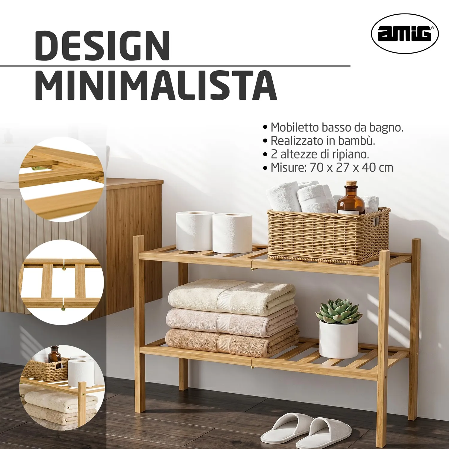 Amig Boo scarpiera bambù 2 ripiani 70x27x40 cm listelli
