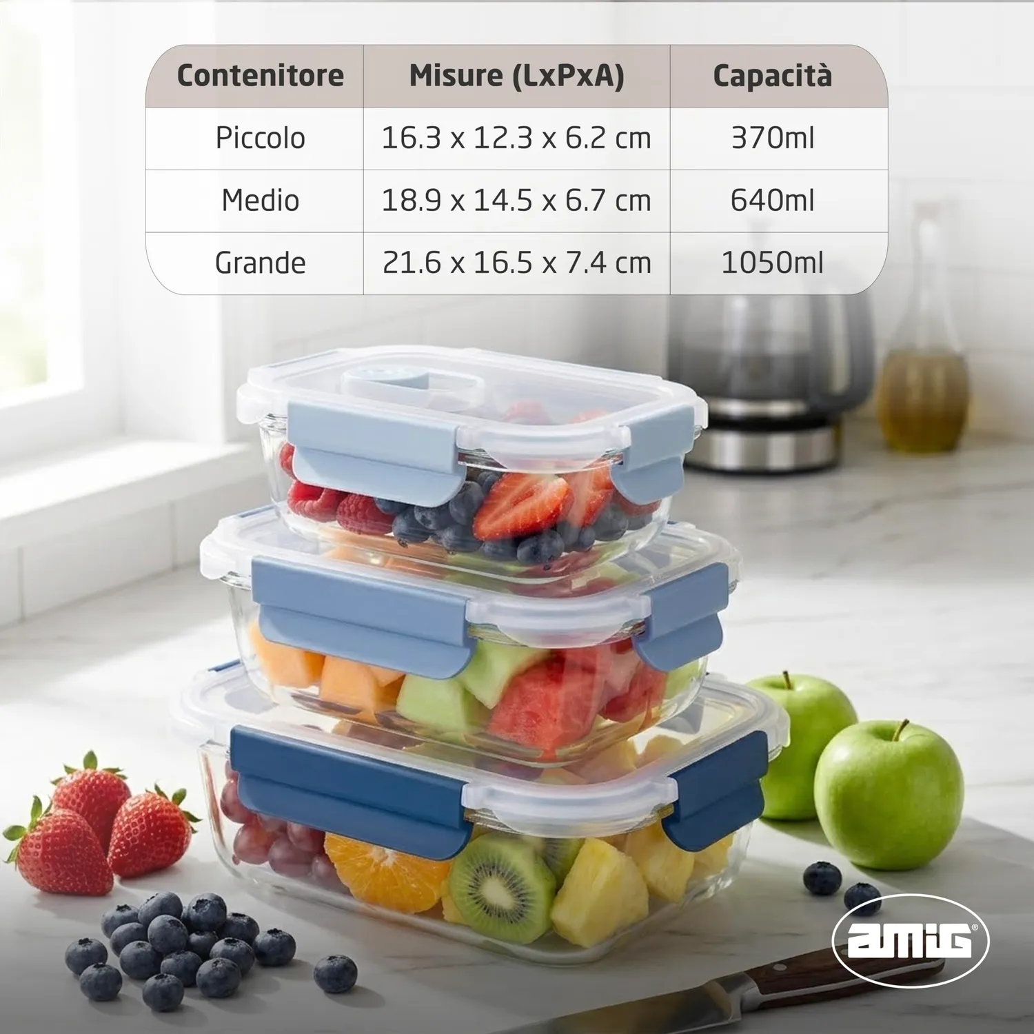 Amig 700 Set 3 Contenitori Vetro Ermetici 370-1050 ml Borosilicato