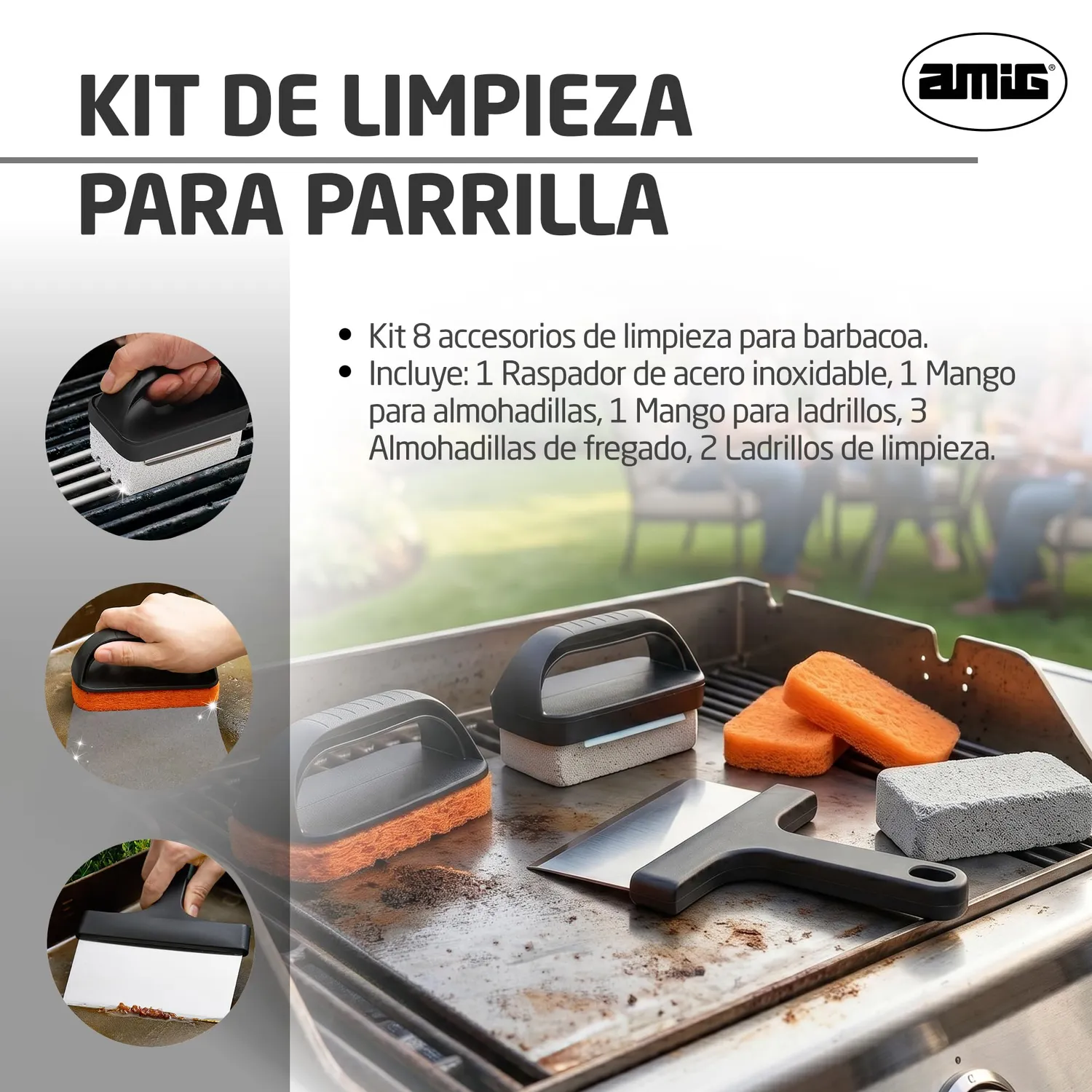 Amig AM22 Kit 8 Accessori Pulizia Barbecue con Raschietto