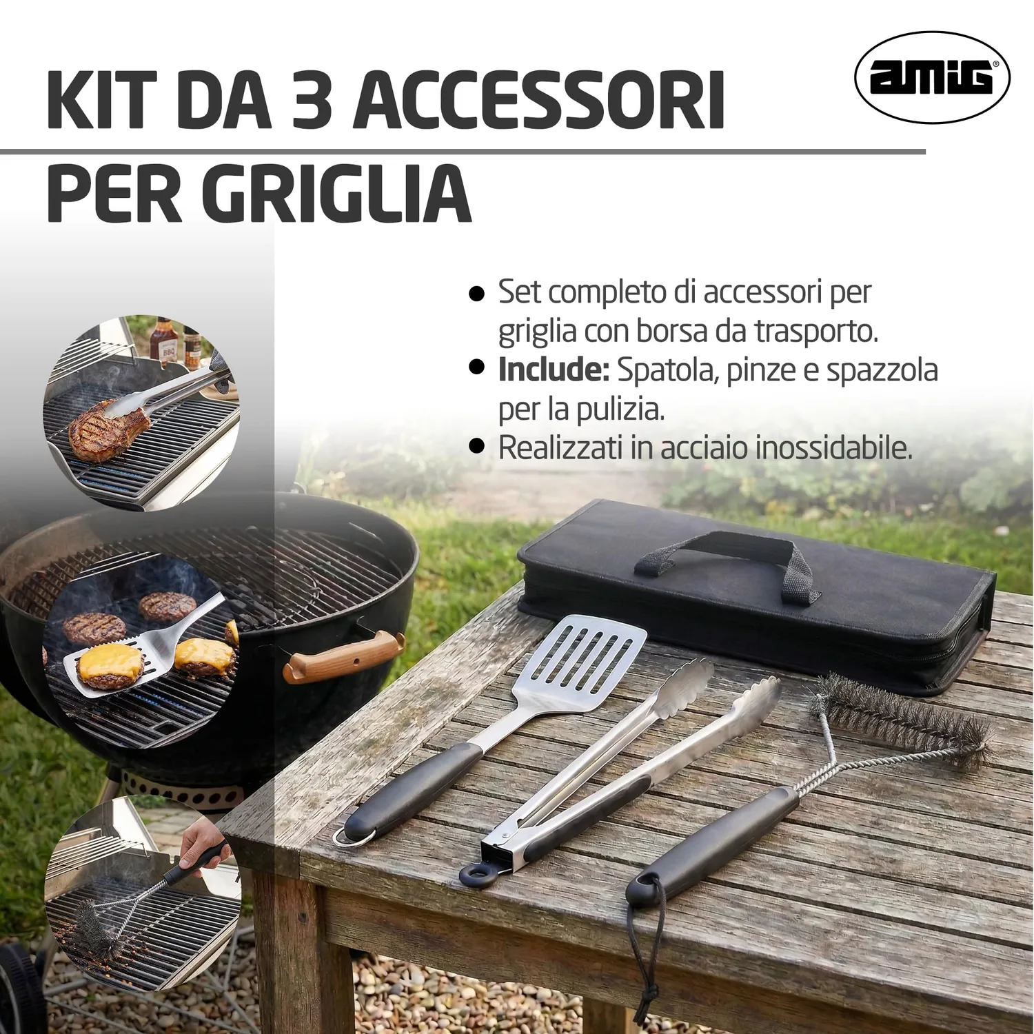 Amig AM02 Kit 3 Accessori Barbecue Inox Custodia