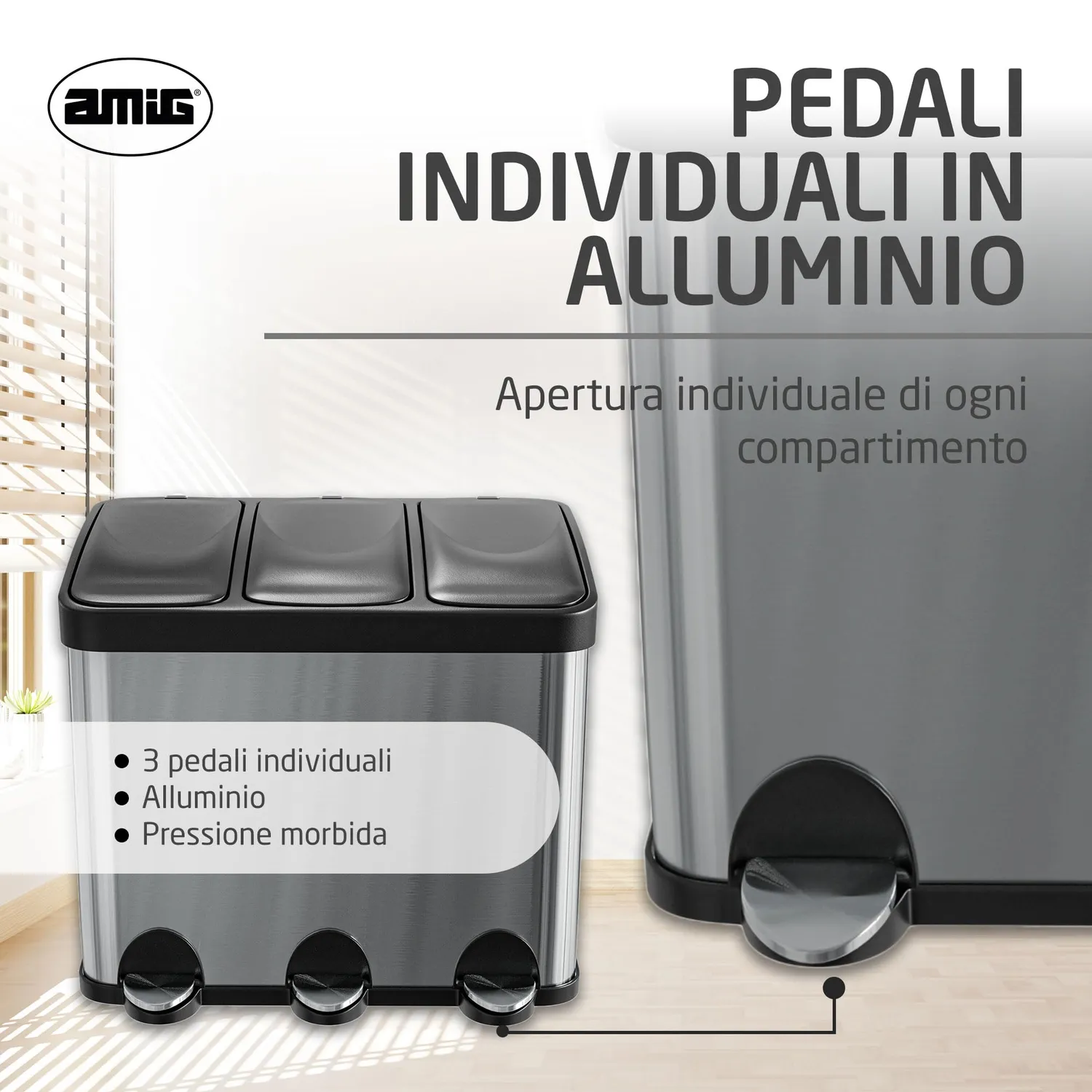 Amig RECIK3-3 pattumiera tripla 45L argento inox