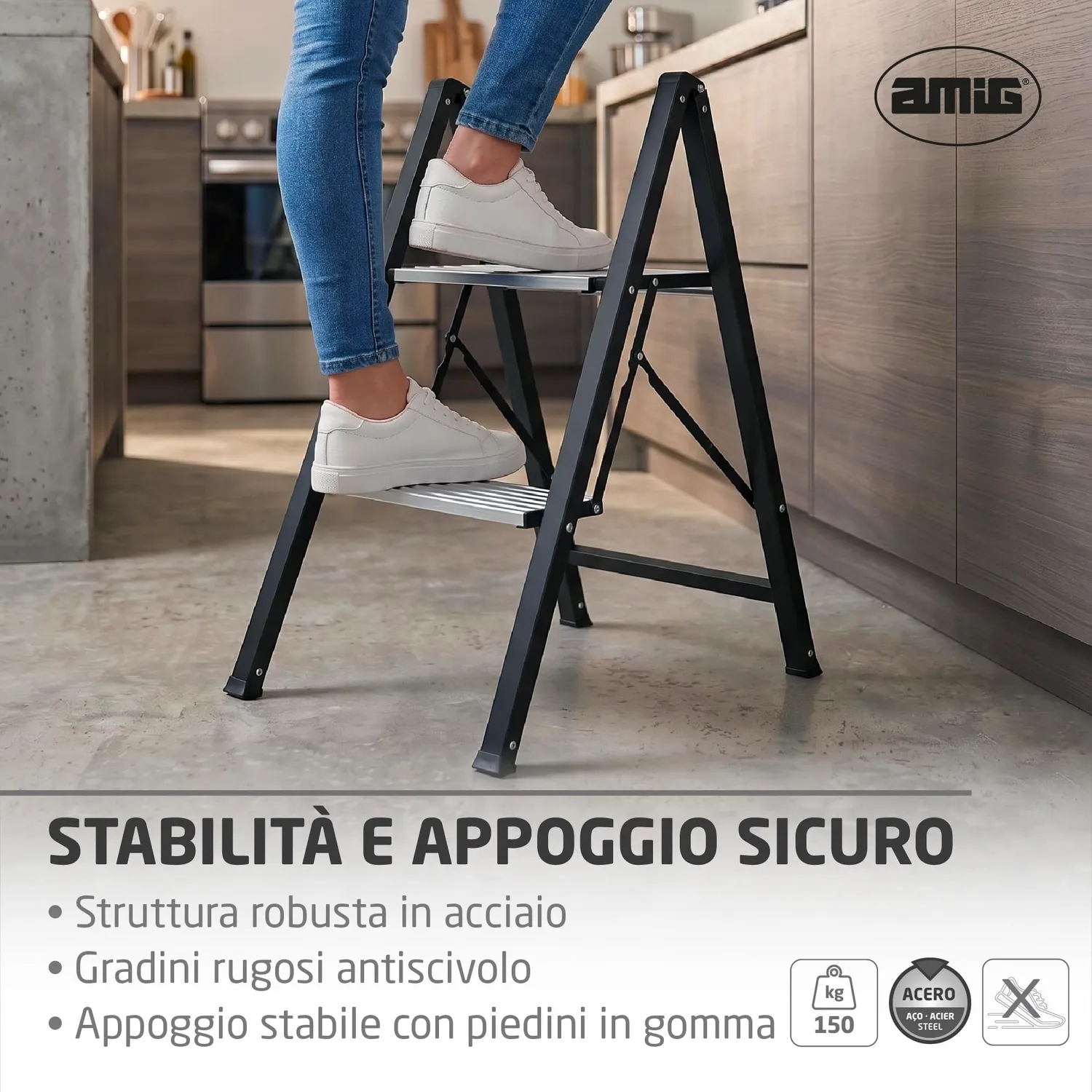 Amig Sgabello Pieghevole 2 Gradini Nero 66x48x40 cm
