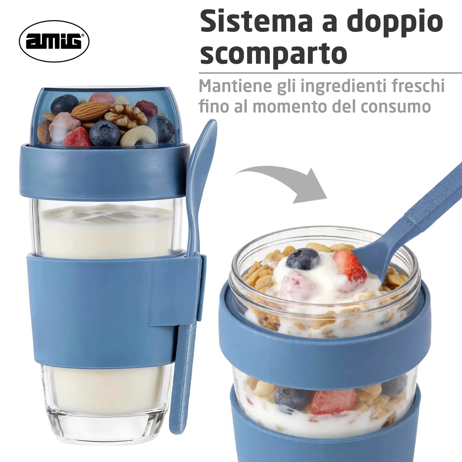 Amig Mod.1 bicchiere yogurt vetro 480 ml con vaschetta cereali
