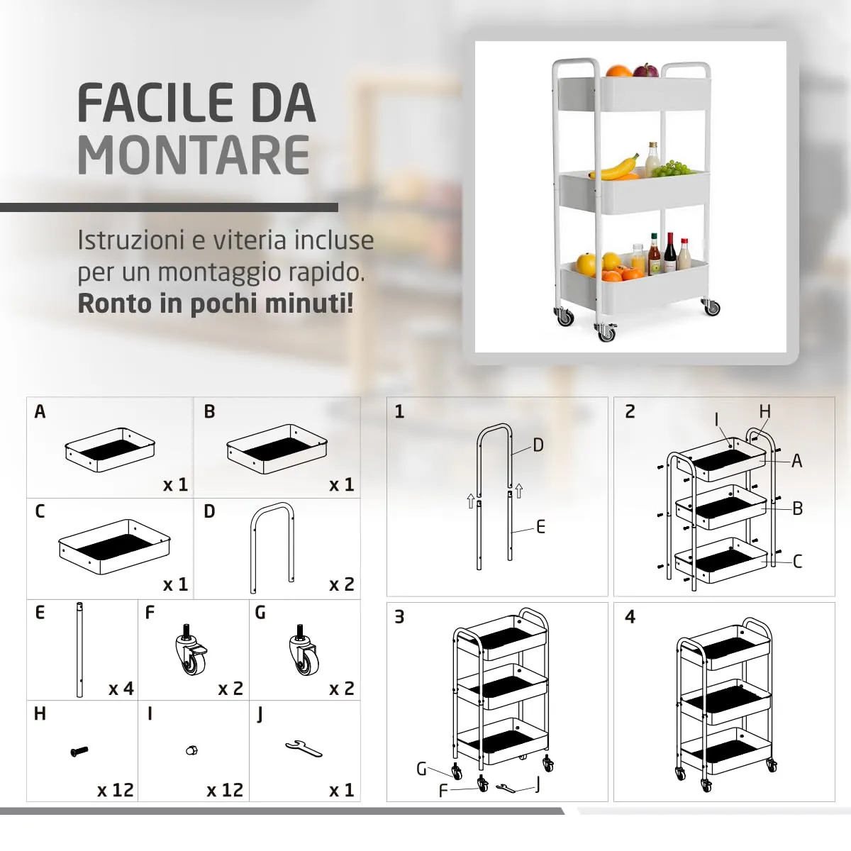 Amig Linn carrello cucina 3 ripiani bianco 40,5x28x76 cm