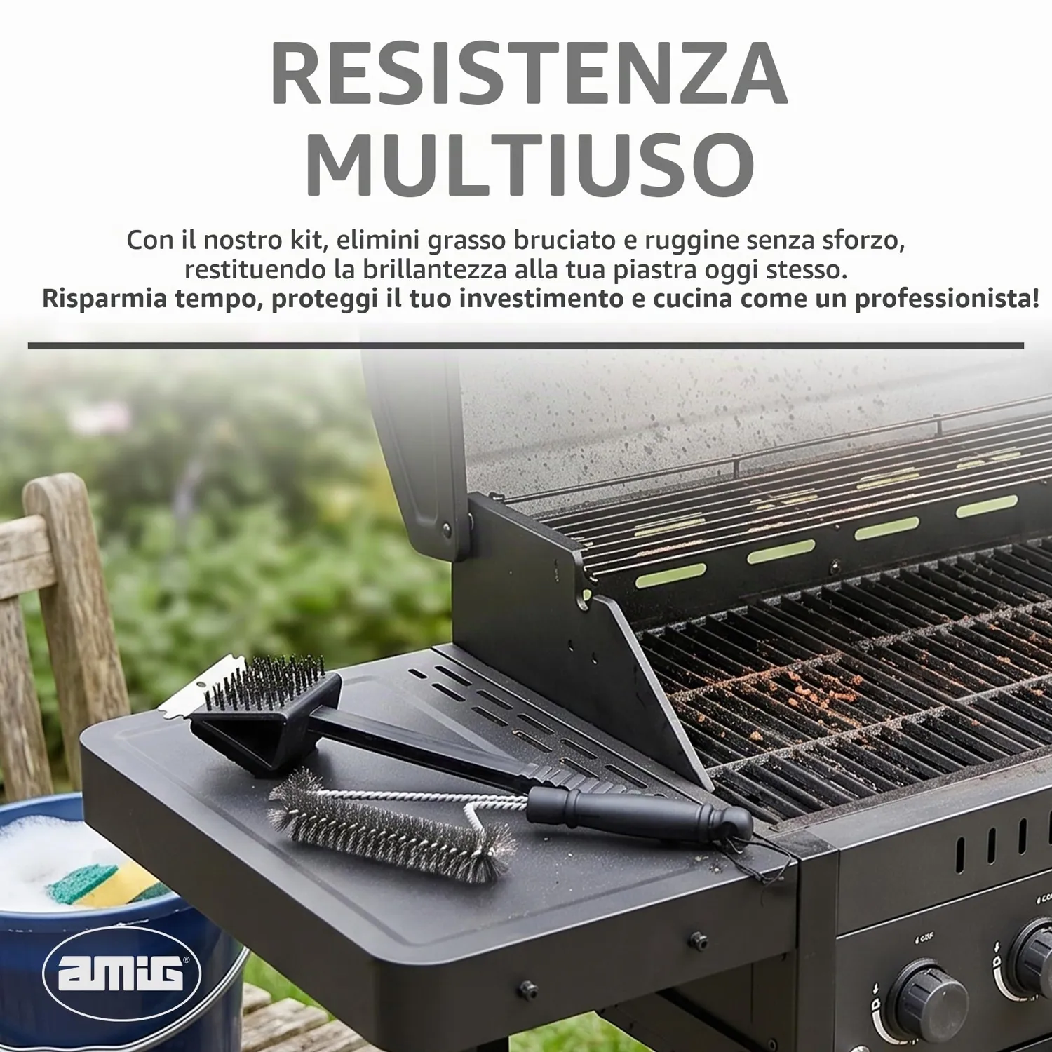 Amig AM23 kit pulizia barbecue 37x6 cm in acciaio inox