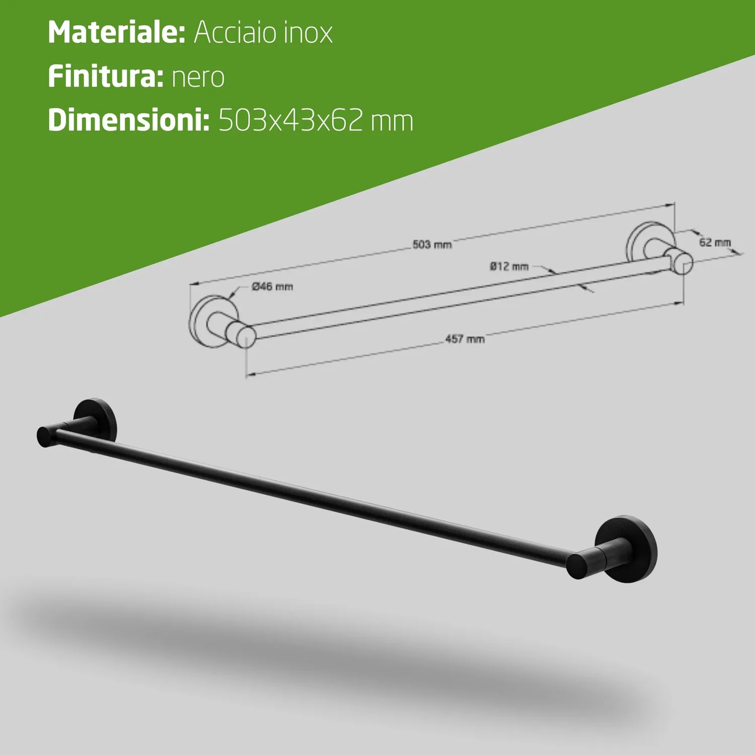 Amig Gorliz-2 portasciugamani bagno nero opaco 50 cm