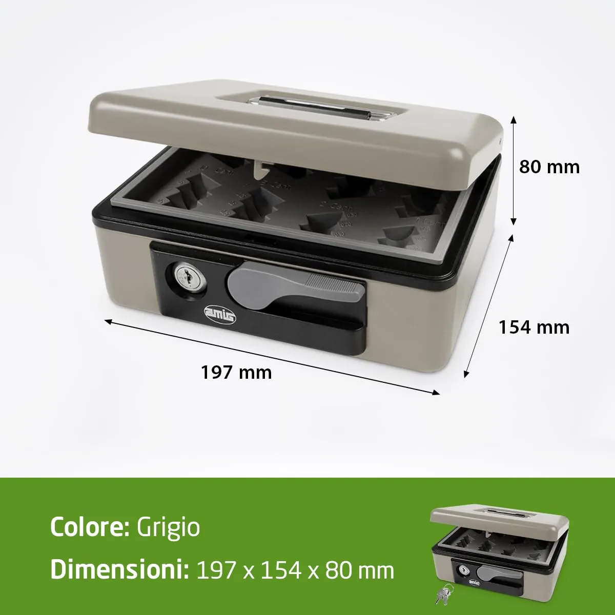 Amig cassaforte grigia 197x154x80 mm con chiave