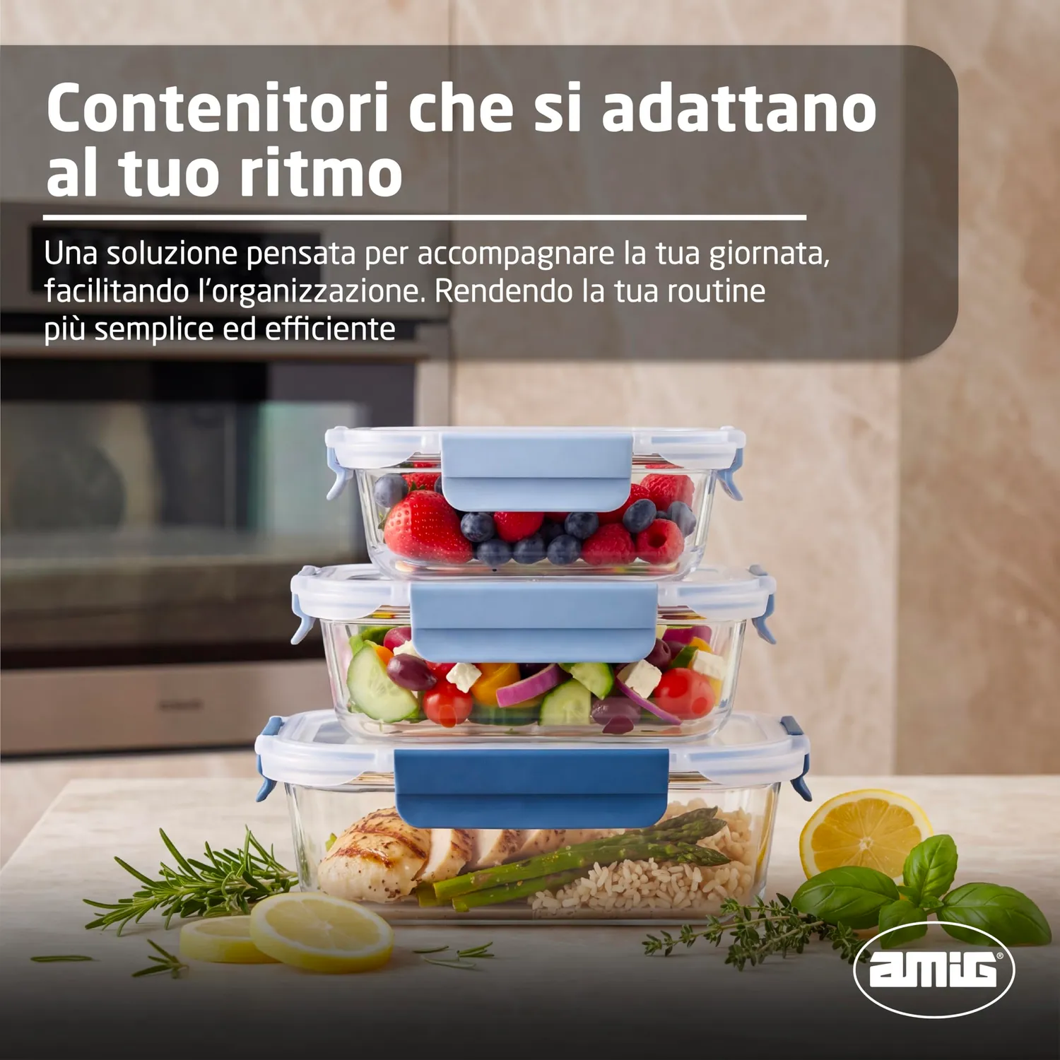 Amig 700 Set 3 Contenitori Vetro Ermetici 370-1050 ml Borosilicato