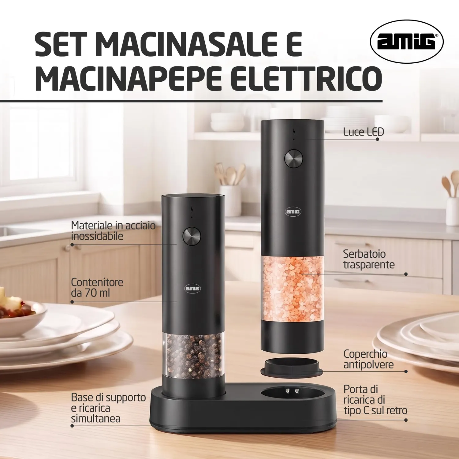 Amig set 2 macinini elettrici Maxi neri USB-C sale pepe