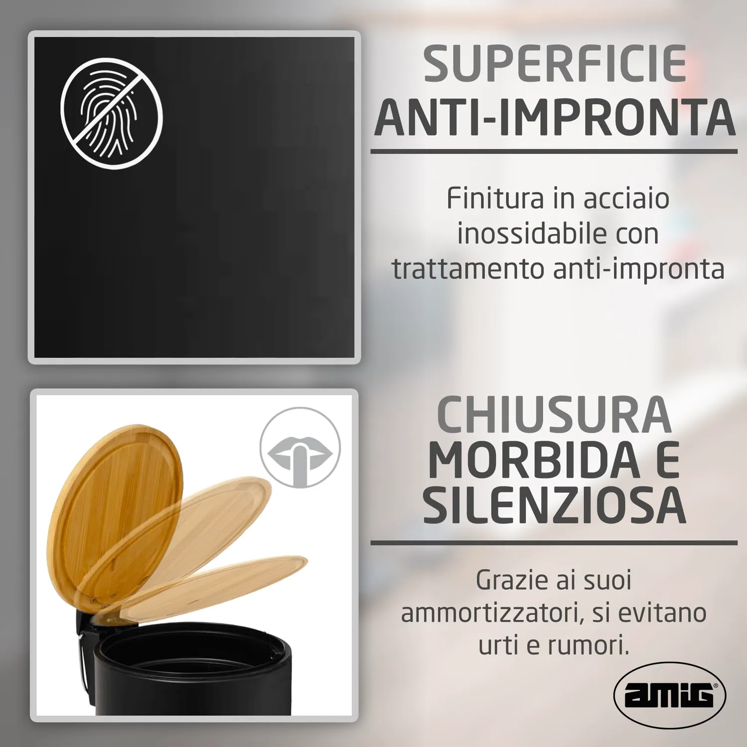Amig Naturline Pattumiera Bagno 5 L Nera Pedale Bambu