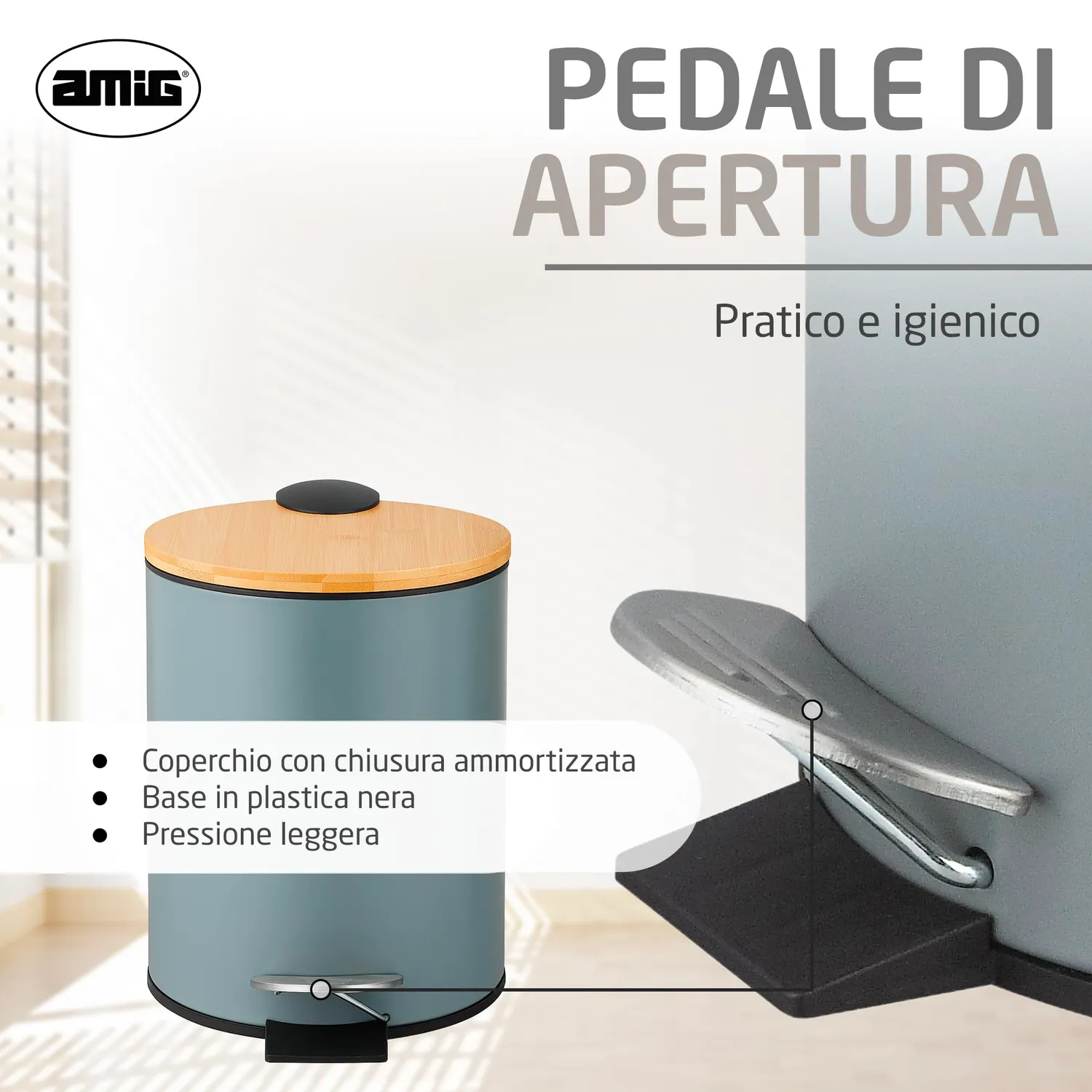 Amig Naturline pattumiera bagno 3 litri grigia con bambù