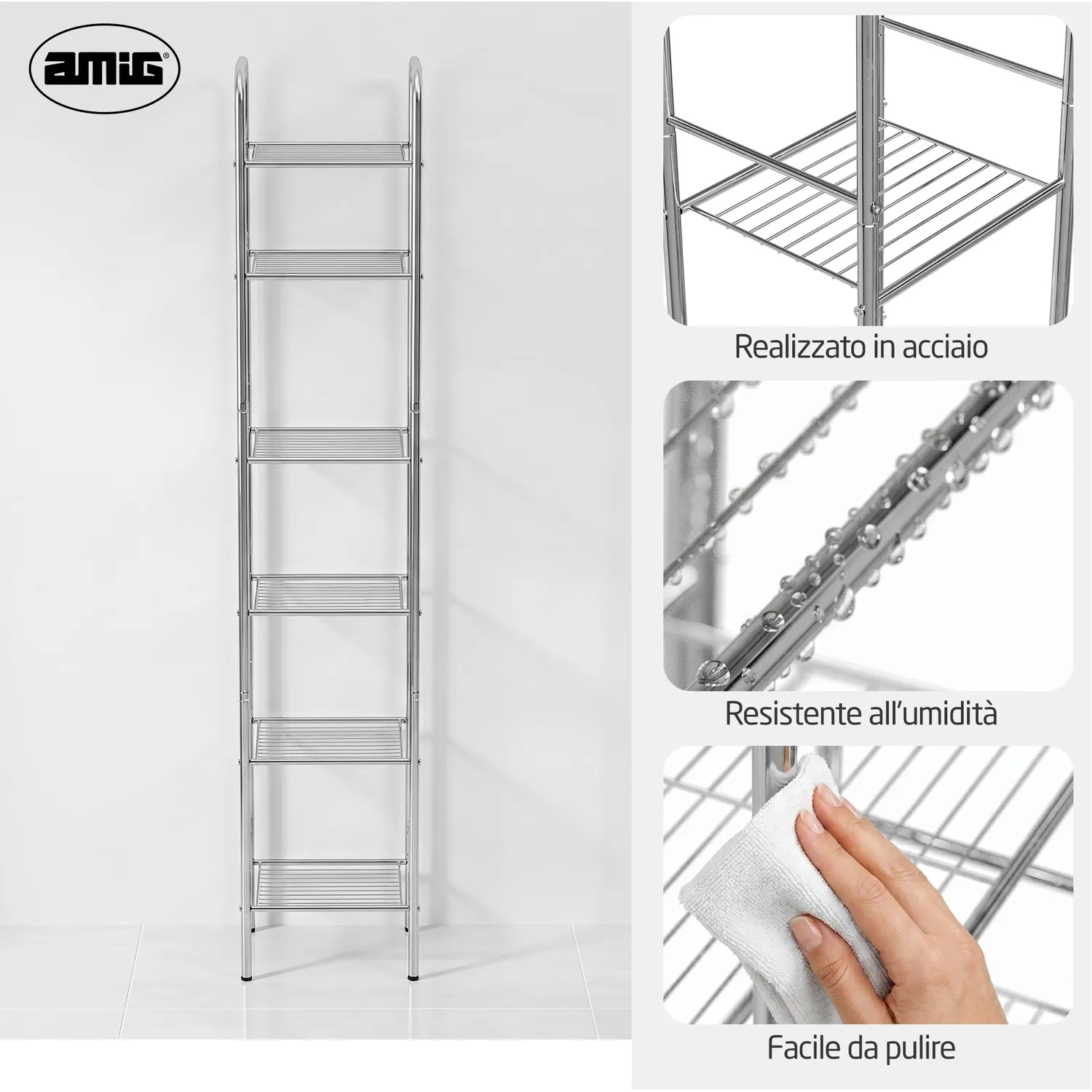 Amig Brisa Scaffale Bagno Acciaio 6 Ripiani Argento