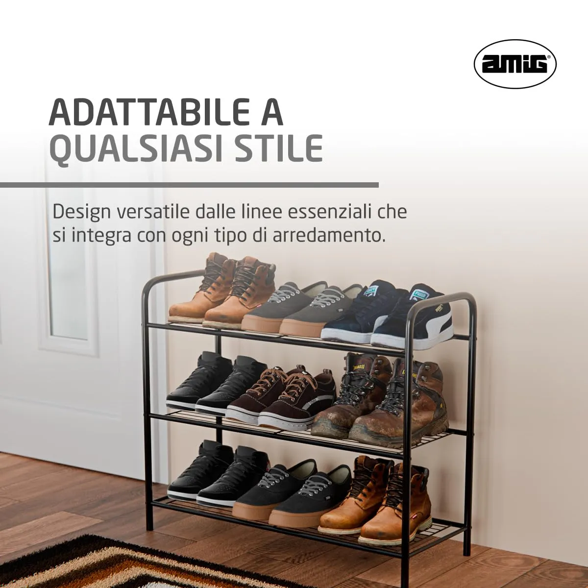 Amig scarpiera metallo 3 ripiani 9 paia 65x25 cm nera