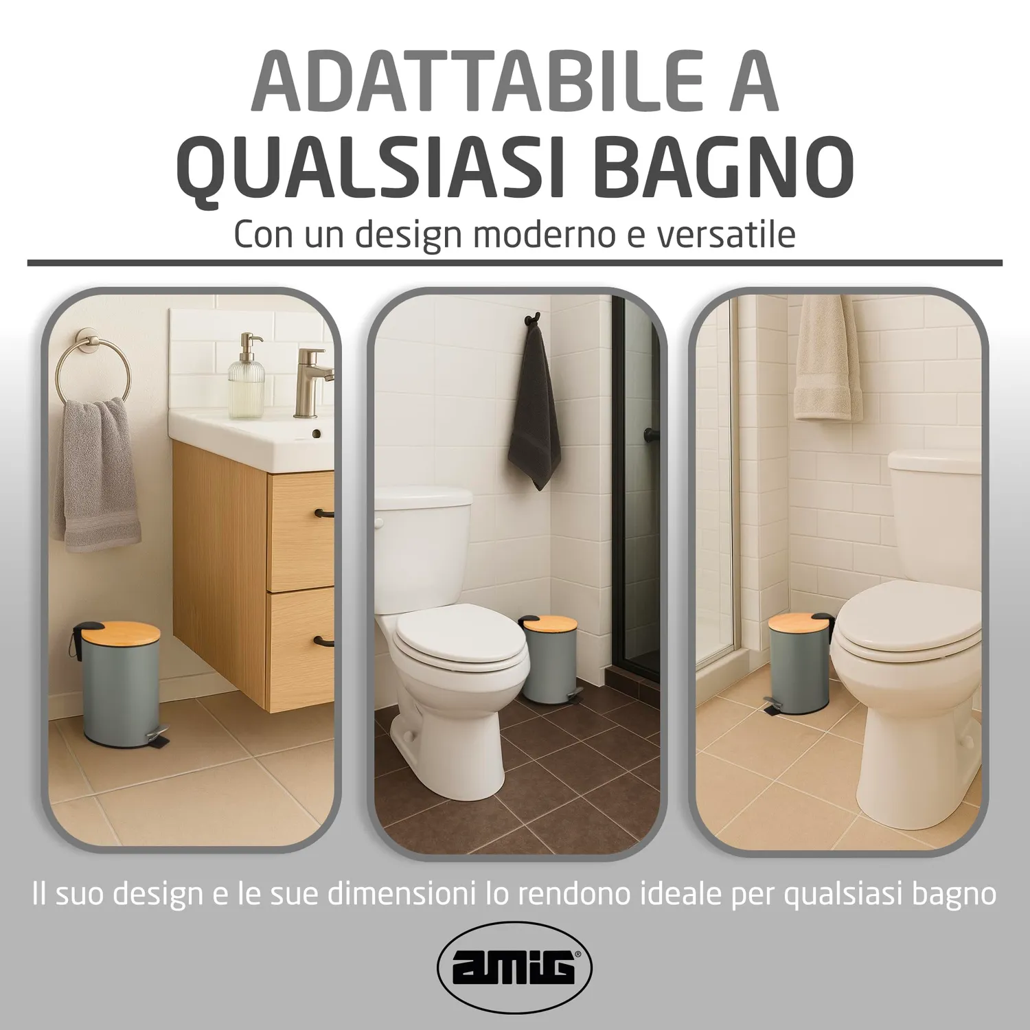 Amig Naturline pattumiera bagno 3 litri grigia con bambù