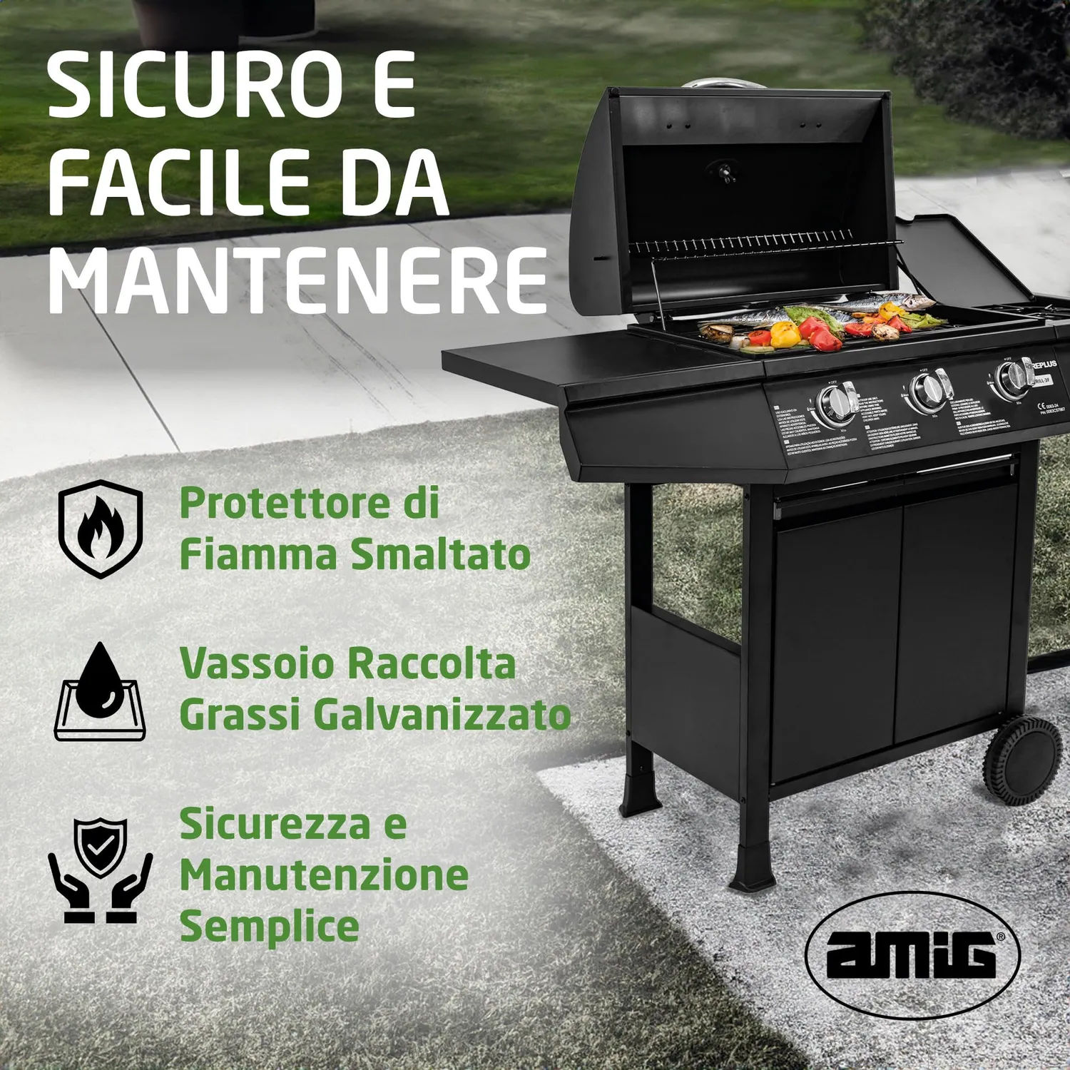 Amig Fireplus 3+1 barbecue a gas 117x52x103 cm nero