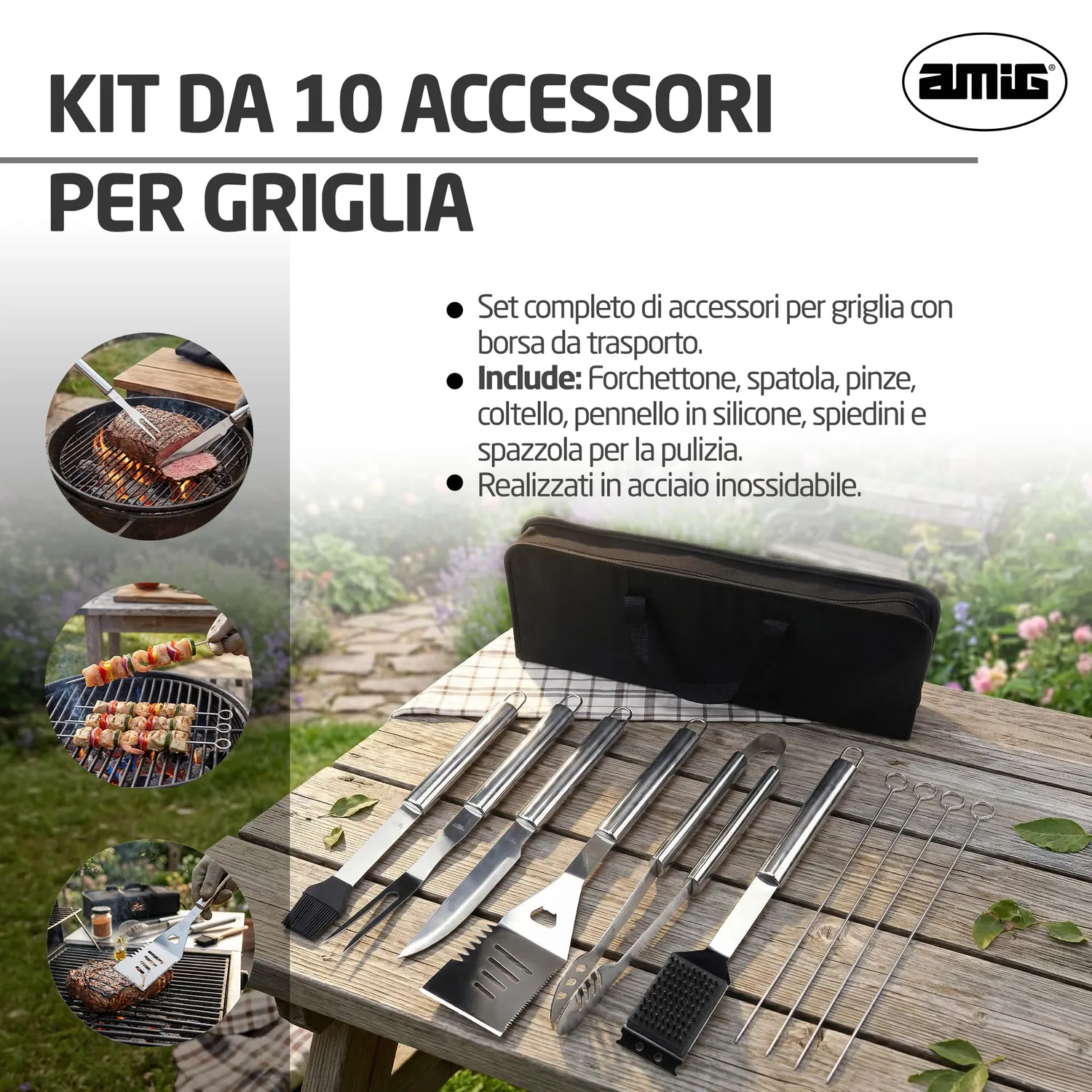 Amig AM03 kit barbecue 10 pezzi acciaio inox