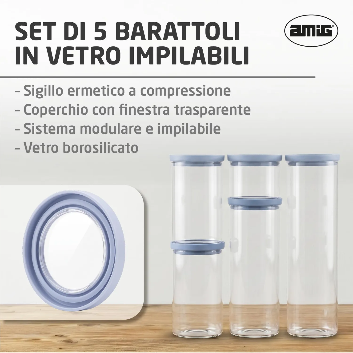 Amig Oru Barattoli Vetro Ermetici 5 pz Pasta Riso