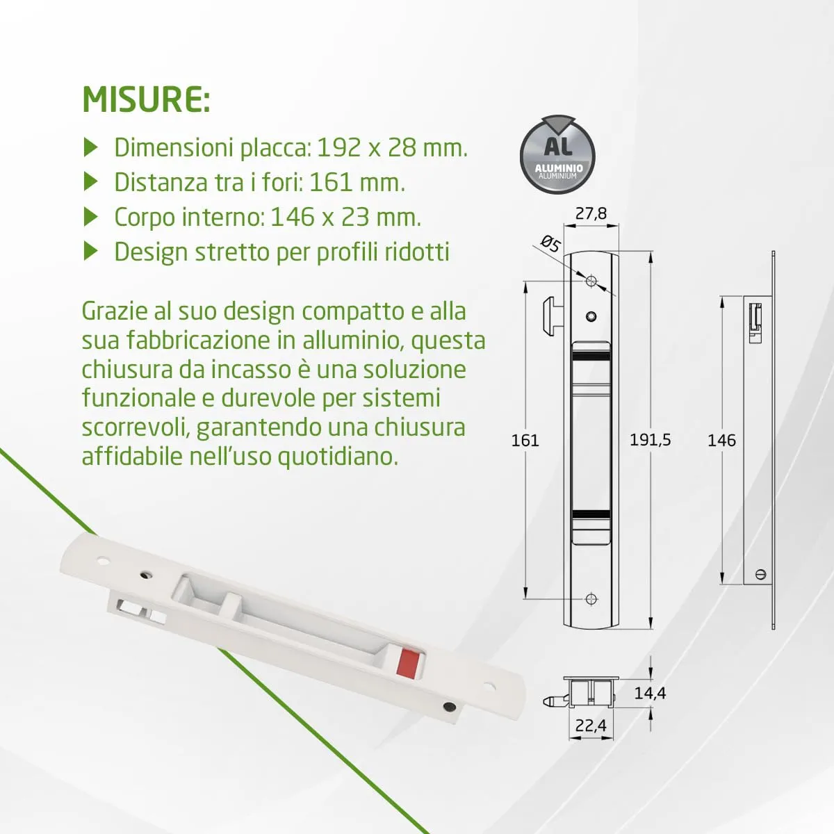 Amig chiusura incasso scorrevole 192x28 mm bianca gancio
