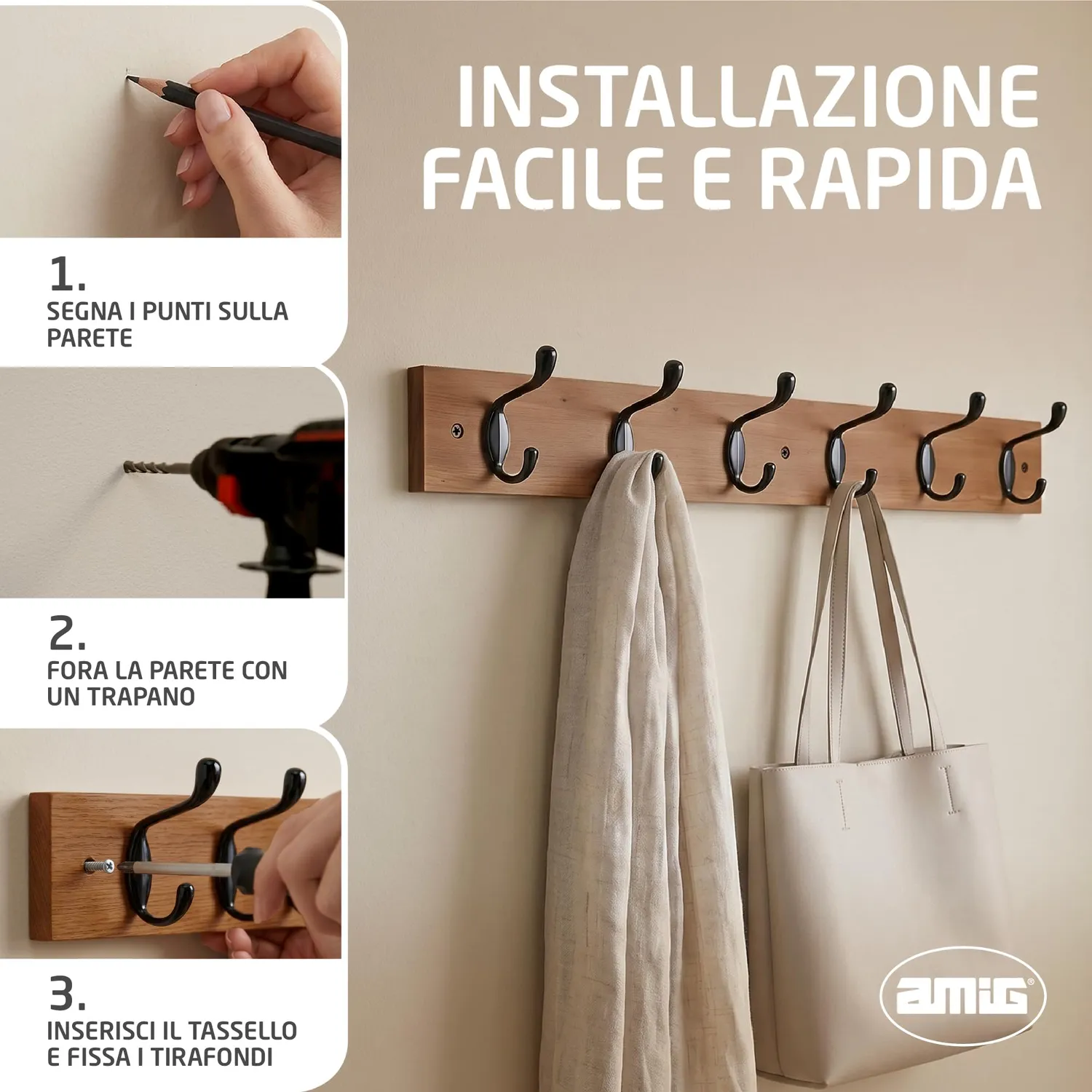 Amig CM37 Appendiabiti a Parete 680 mm Acacia Nero