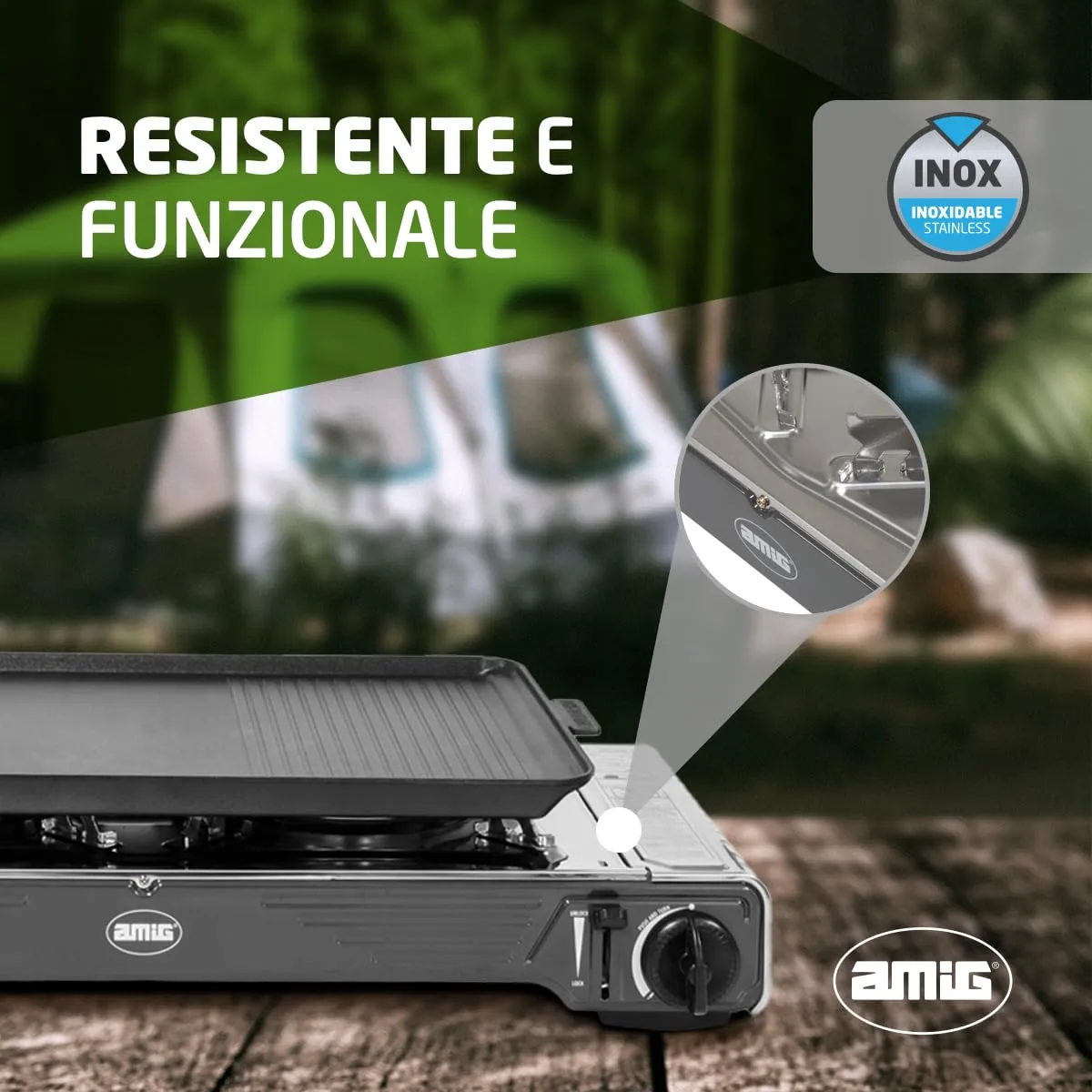 Amig CAMP02 fornello campeggio 2 fuochi con piastra 2x2,2 kW