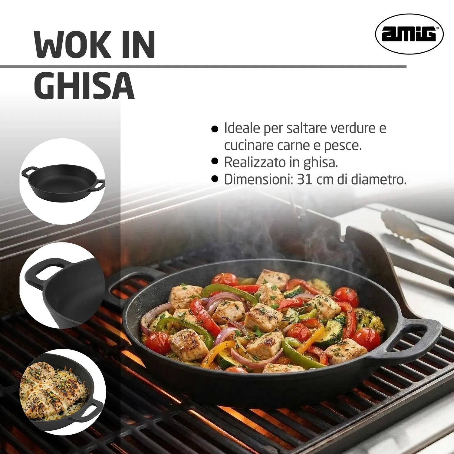 Amig AM38 wok in ghisa Ø 31 cm per barbecue