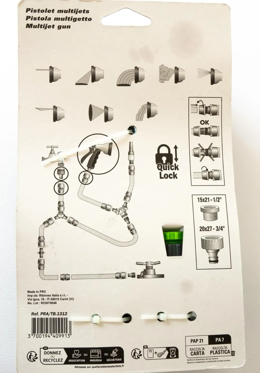 Ribimex kit irrigazione giardino pistola 8 getti tubi 12-15 mm