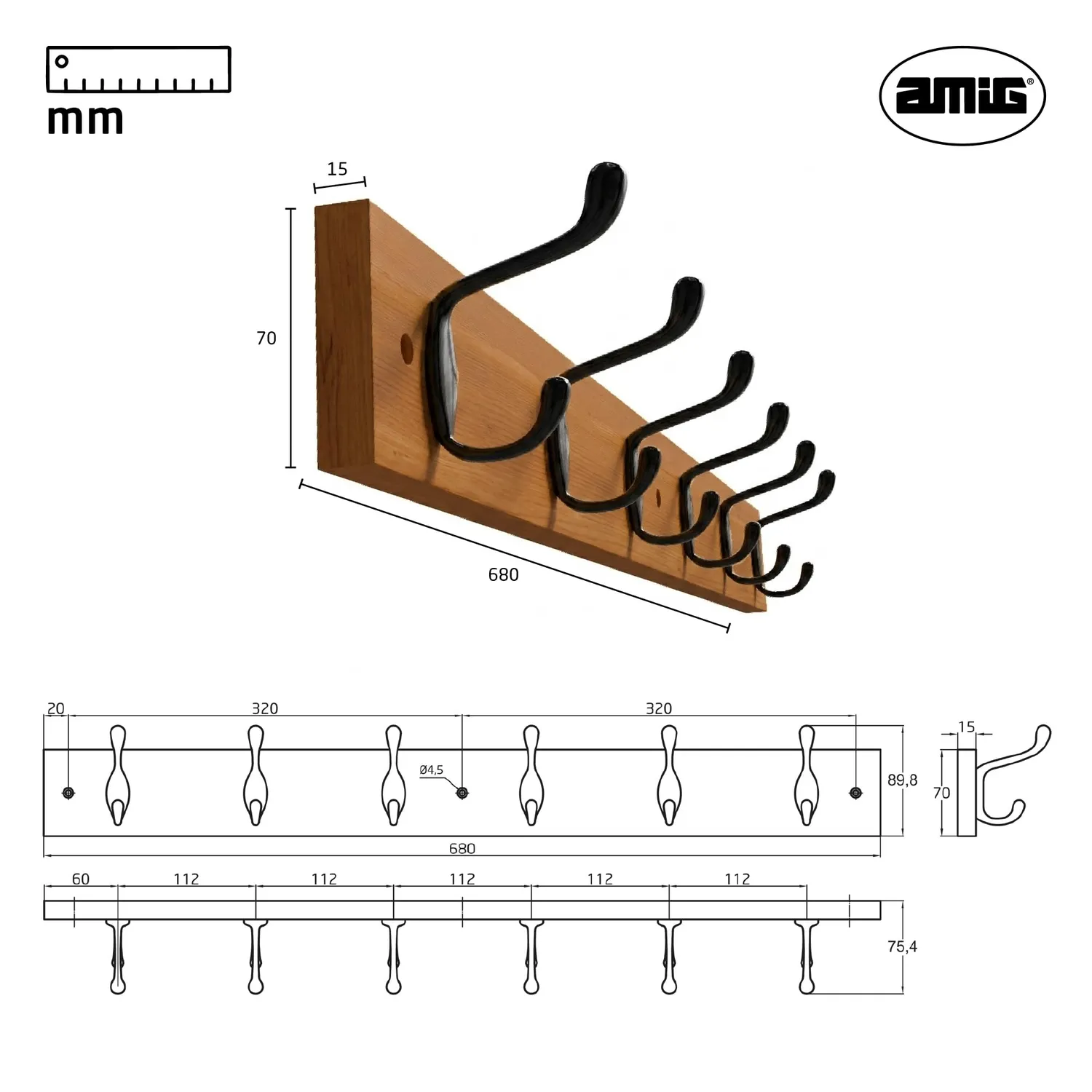Amig CM37 Appendiabiti a Parete 680 mm Acacia Nero