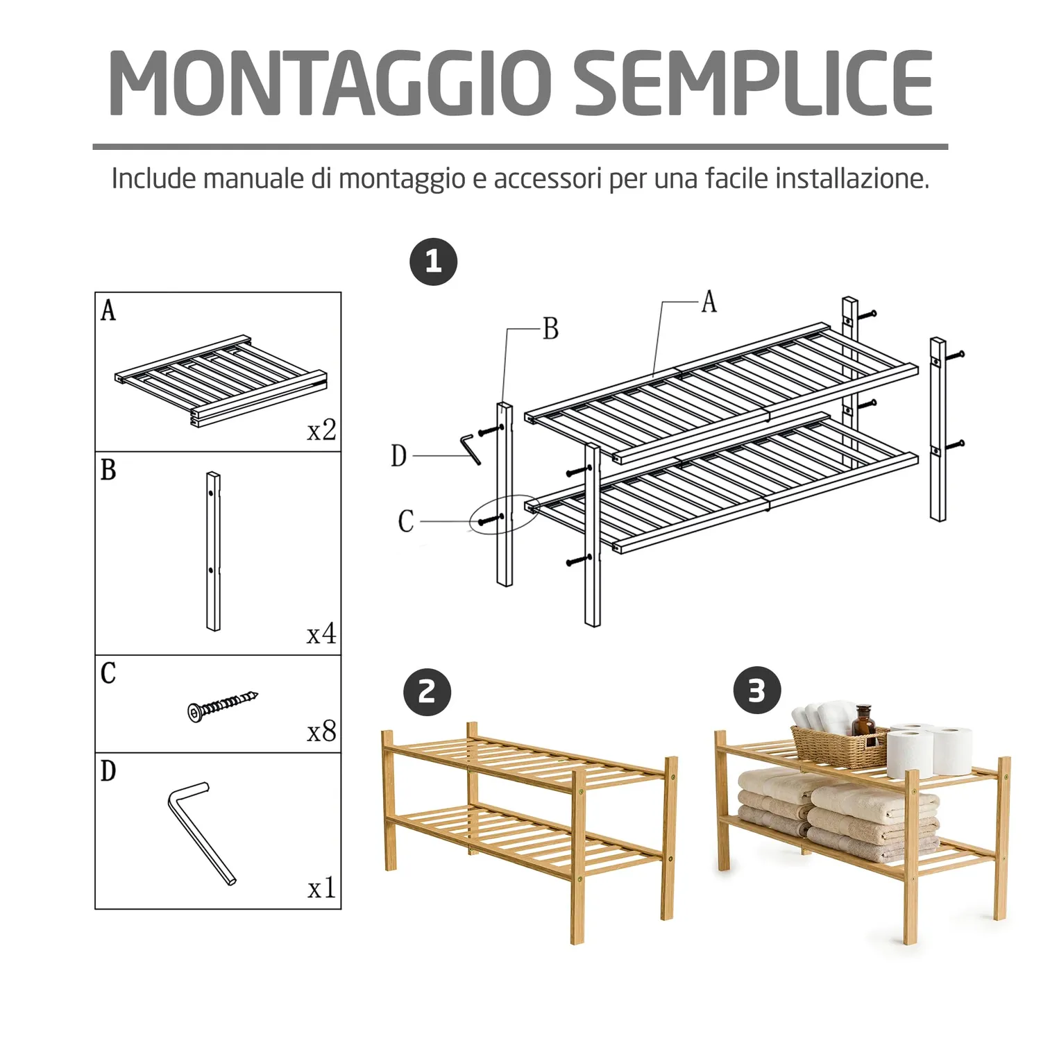Amig Boo scarpiera bambù 2 ripiani 70x27x40 cm listelli