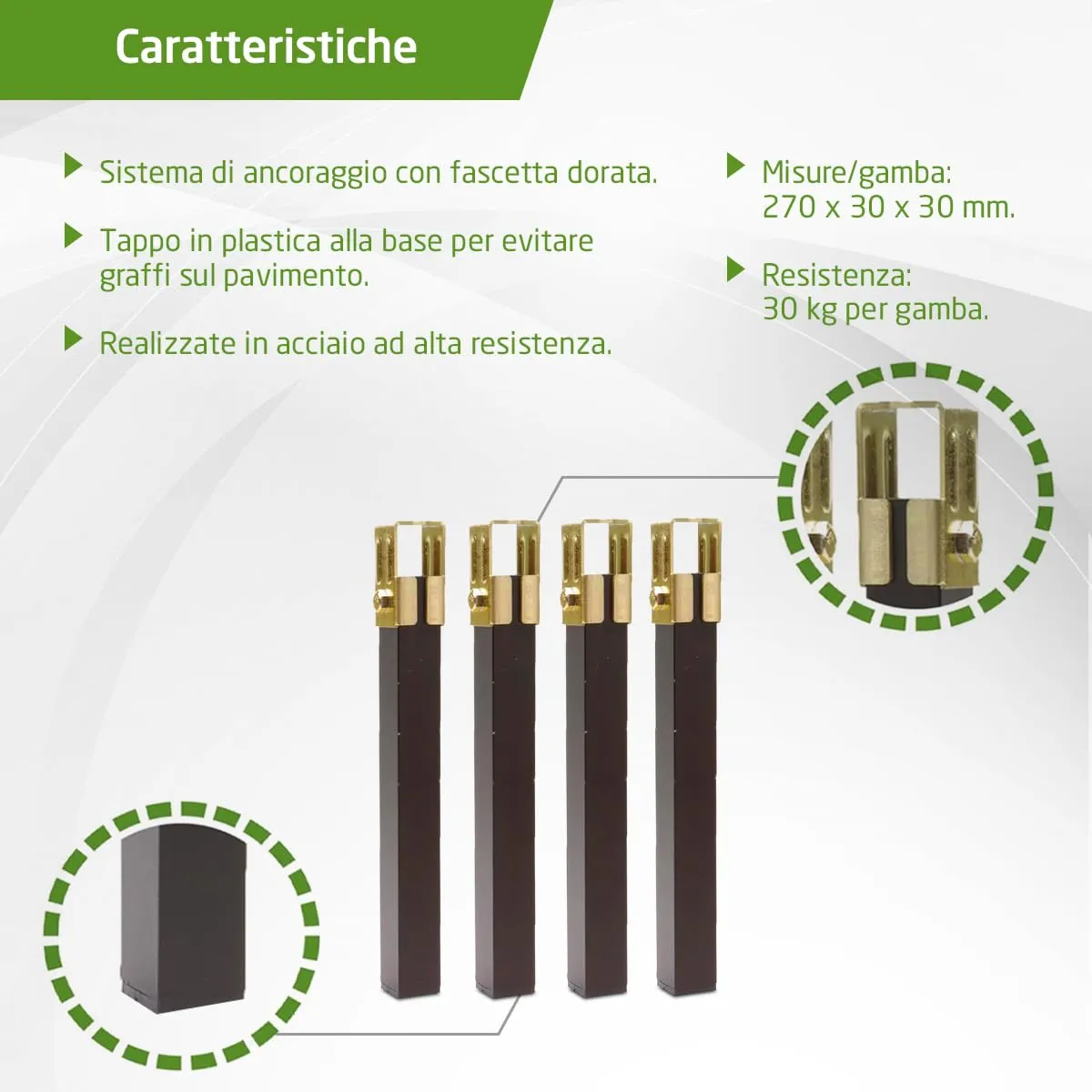 Amig set 4 gambe letto acciaio nere 270 mm