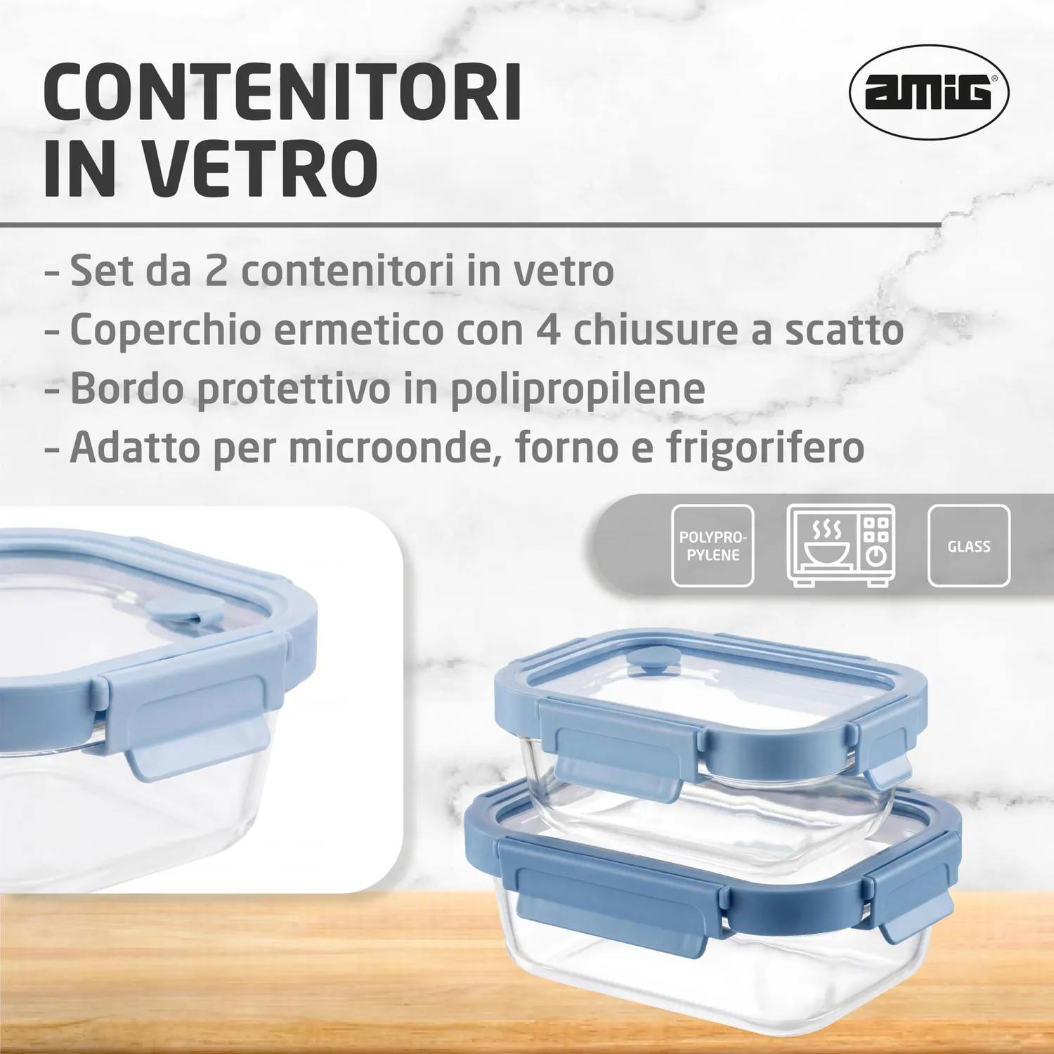 Amig 900 set 2 contenitori vetro 370+640 ml ermetici