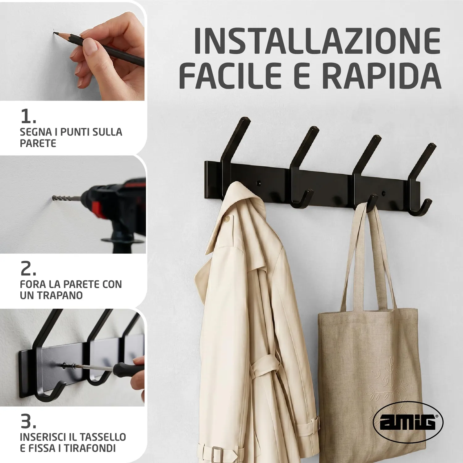 Amig CM38 appendiabiti muro 405 mm acciaio nero