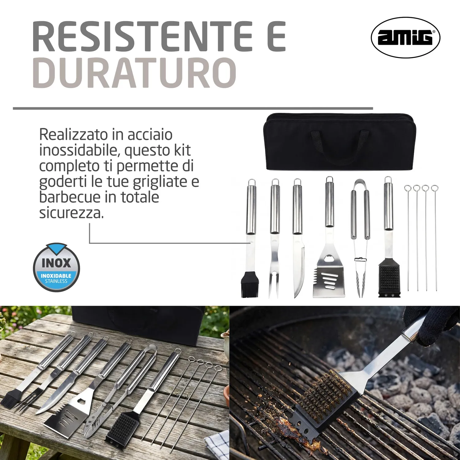 Amig AM03 kit barbecue 10 pezzi acciaio inox