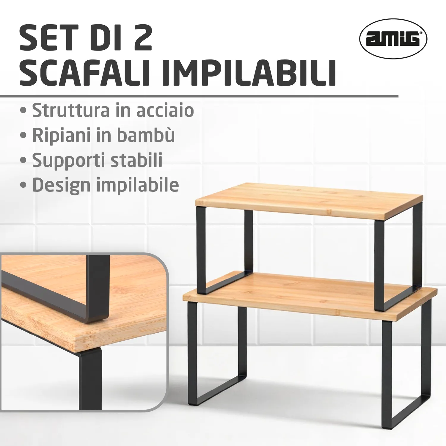 Amig Soren Mensole Spezie Set 2 Pezzi Nero Bambù Impilabili
