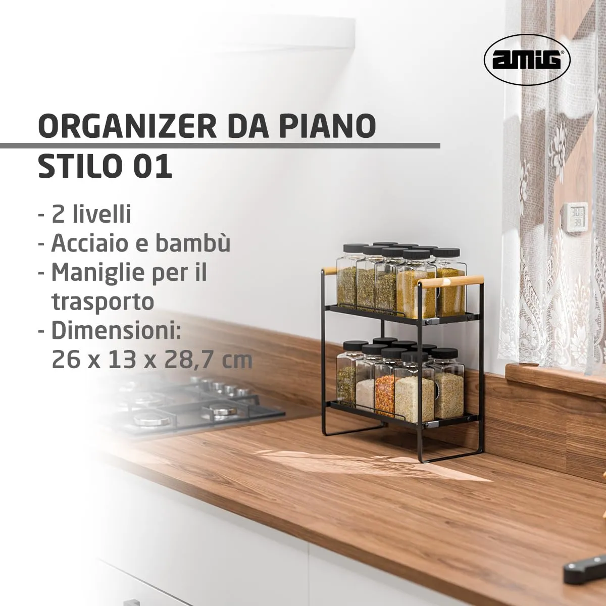 Amig scaffale 2 livelli acciaio bambù 260x130x287 mm