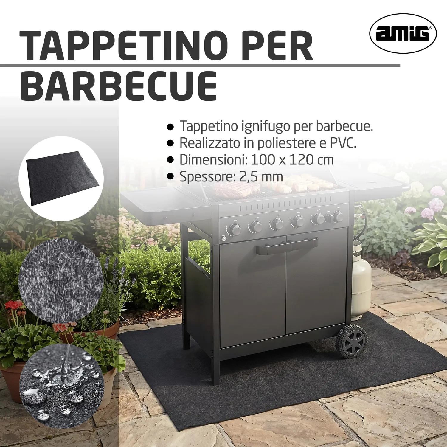 Amig tappetino barbecue 100x120 cm nero impermeabile