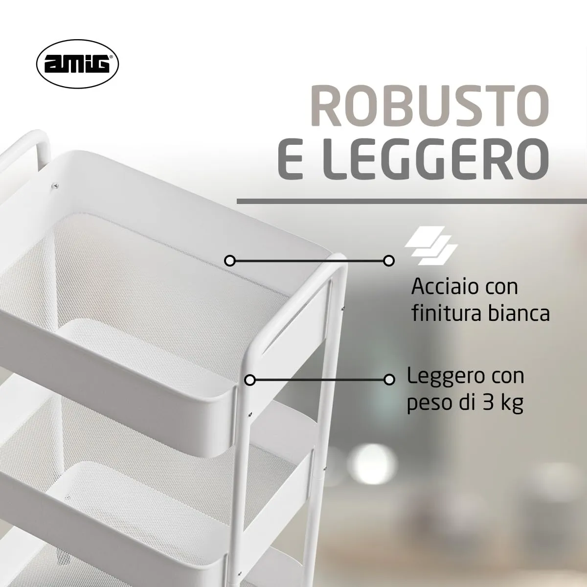 Amig Linn carrello cucina 3 ripiani bianco 40,5x28x76 cm
