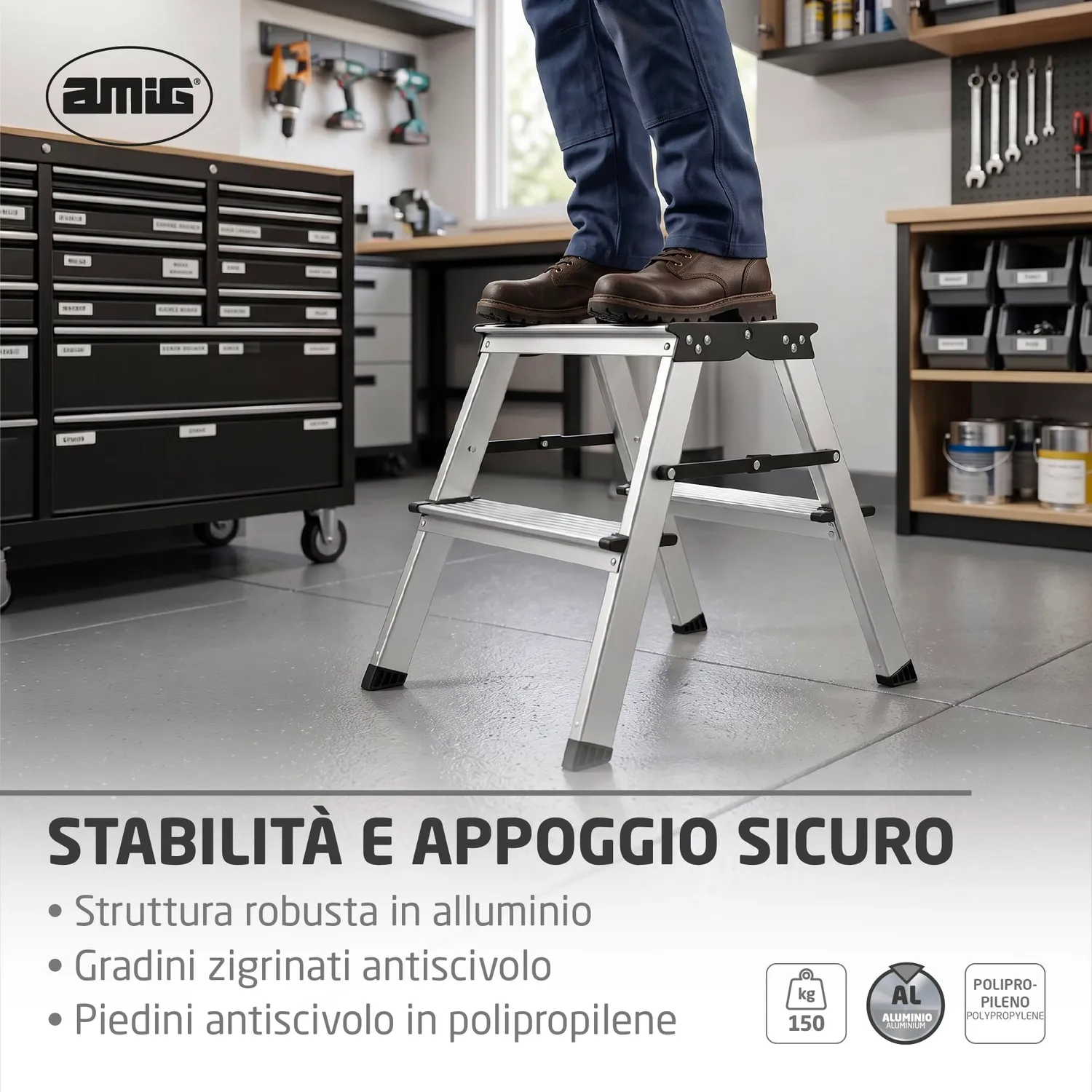 Amig sgabello pieghevole alluminio 2 gradini 39x44 cm
