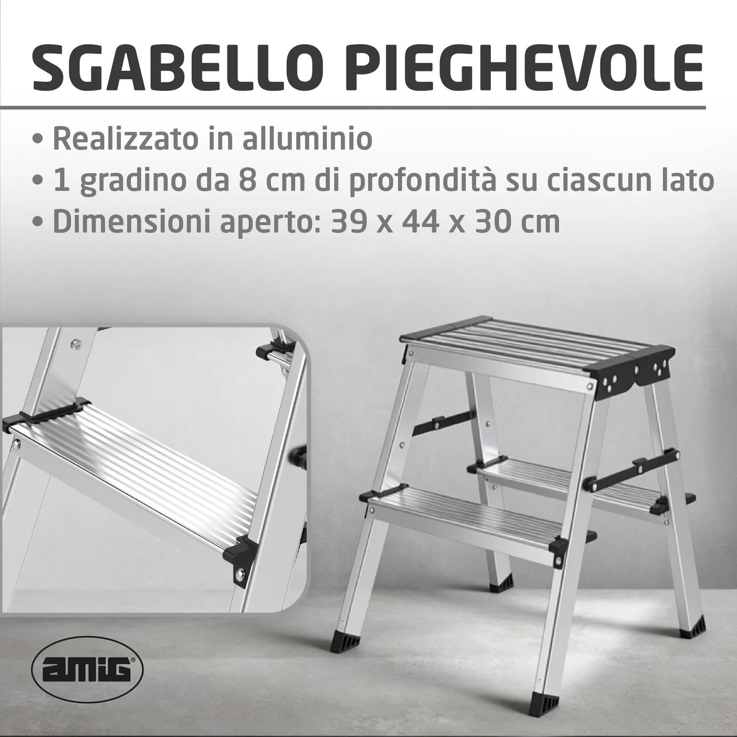Amig sgabello pieghevole alluminio 2 gradini 39x44 cm